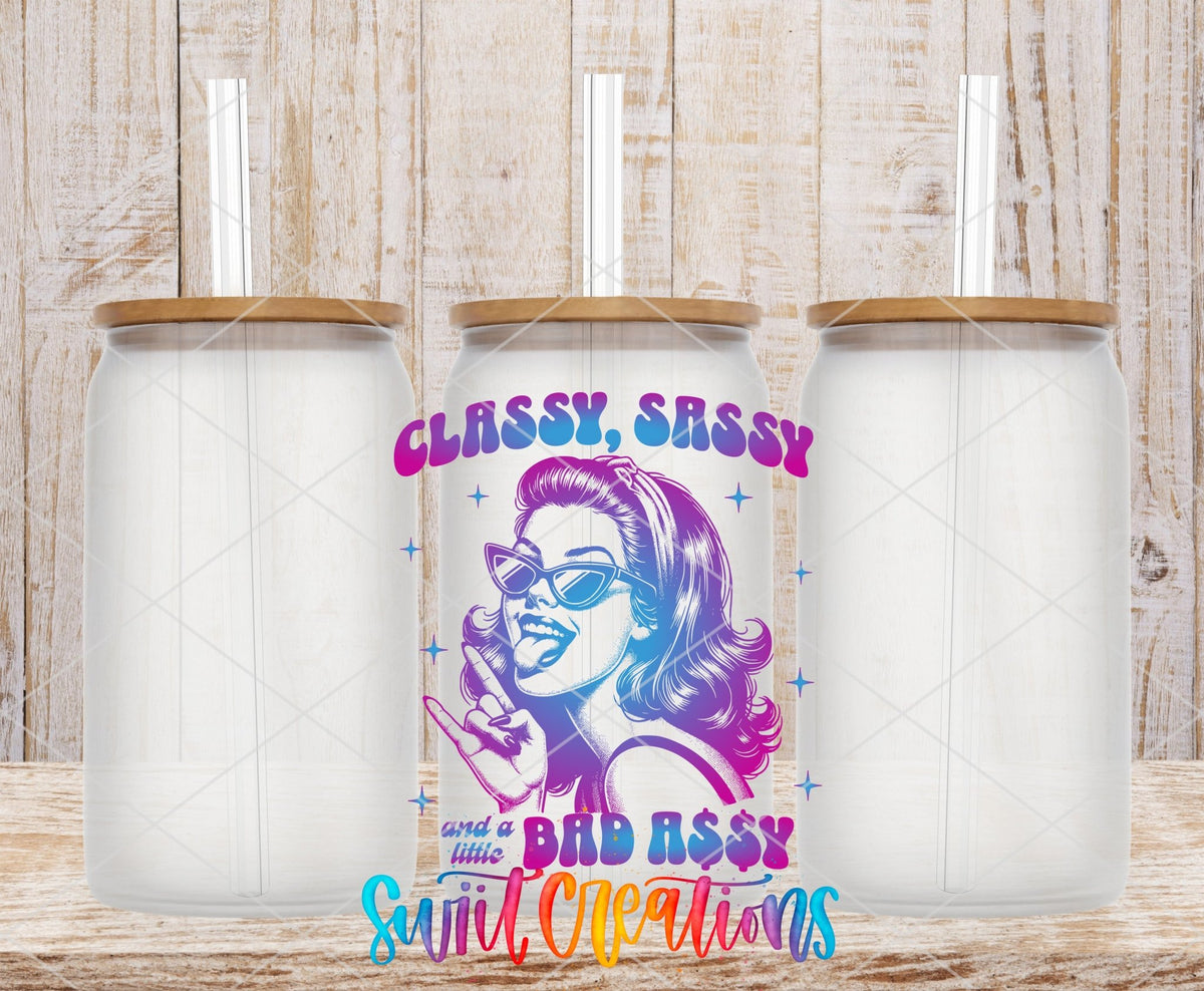 Colorful Classy Sassy Retro Gradient UV DTF transfer applied to a clear glass can set from Swiit Creations