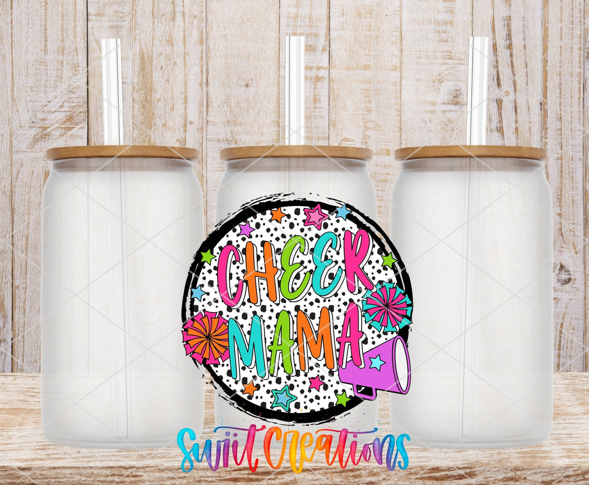Cheer Mama UV DTF transfer on frosted glass cans with bamboo lids