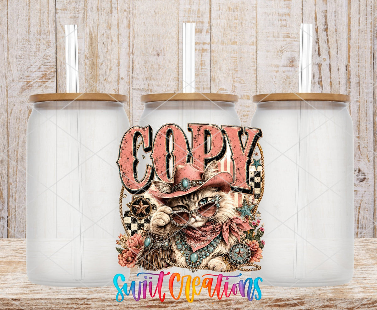 Copy Cat Western Glam Cat UV DTF transfer applied to a clear glass can set from Swiit Creations