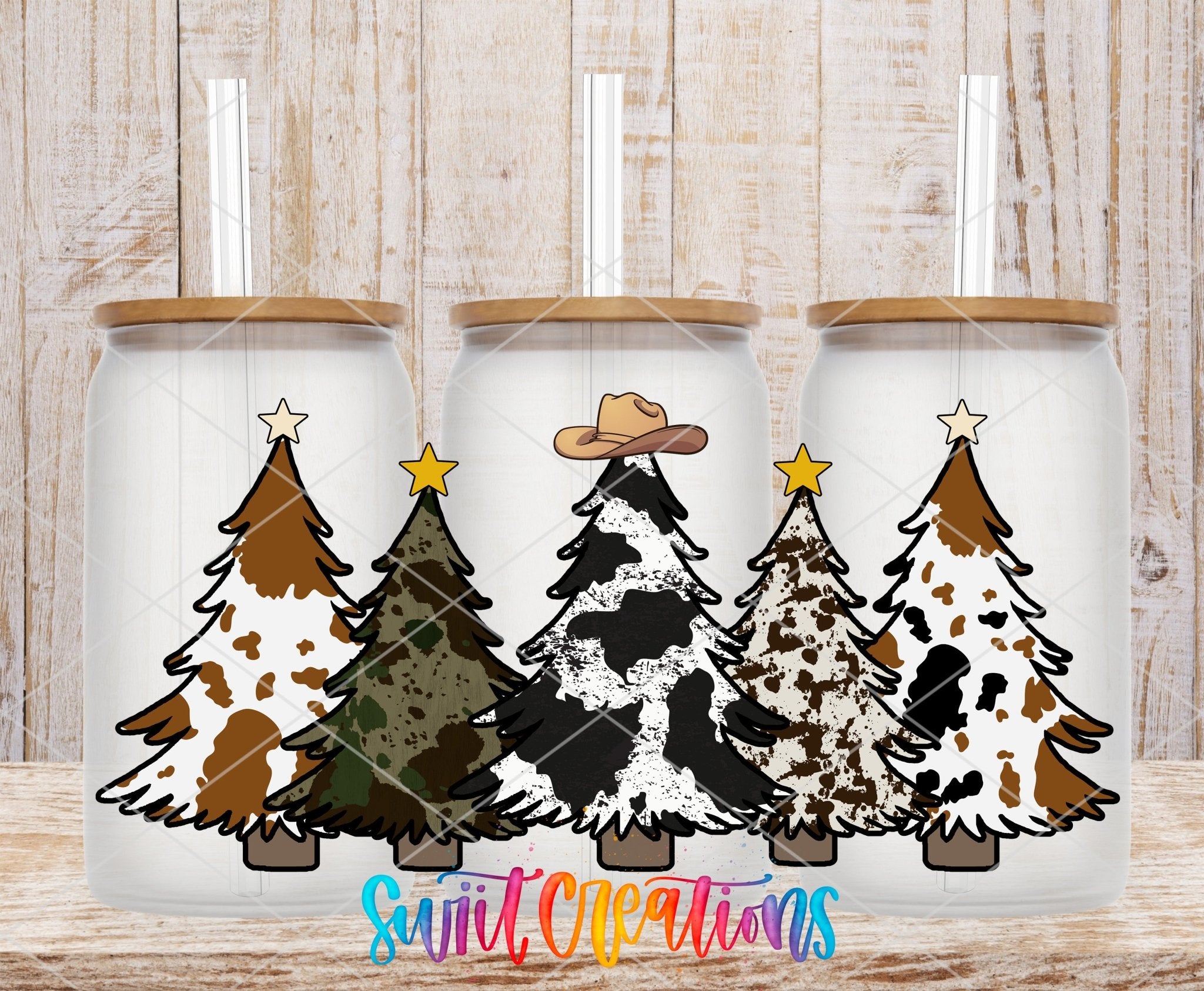 Cow Print Christmas Trees Western UV DTF Transfer Tumbler Wrap | DTF085 - Swiit Creations