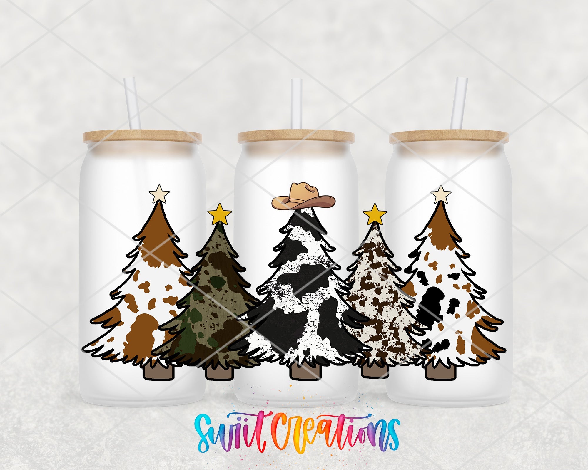 Cow Print Christmas Trees Western UV DTF Transfer Tumbler Wrap | DTF085 - Swiit Creations