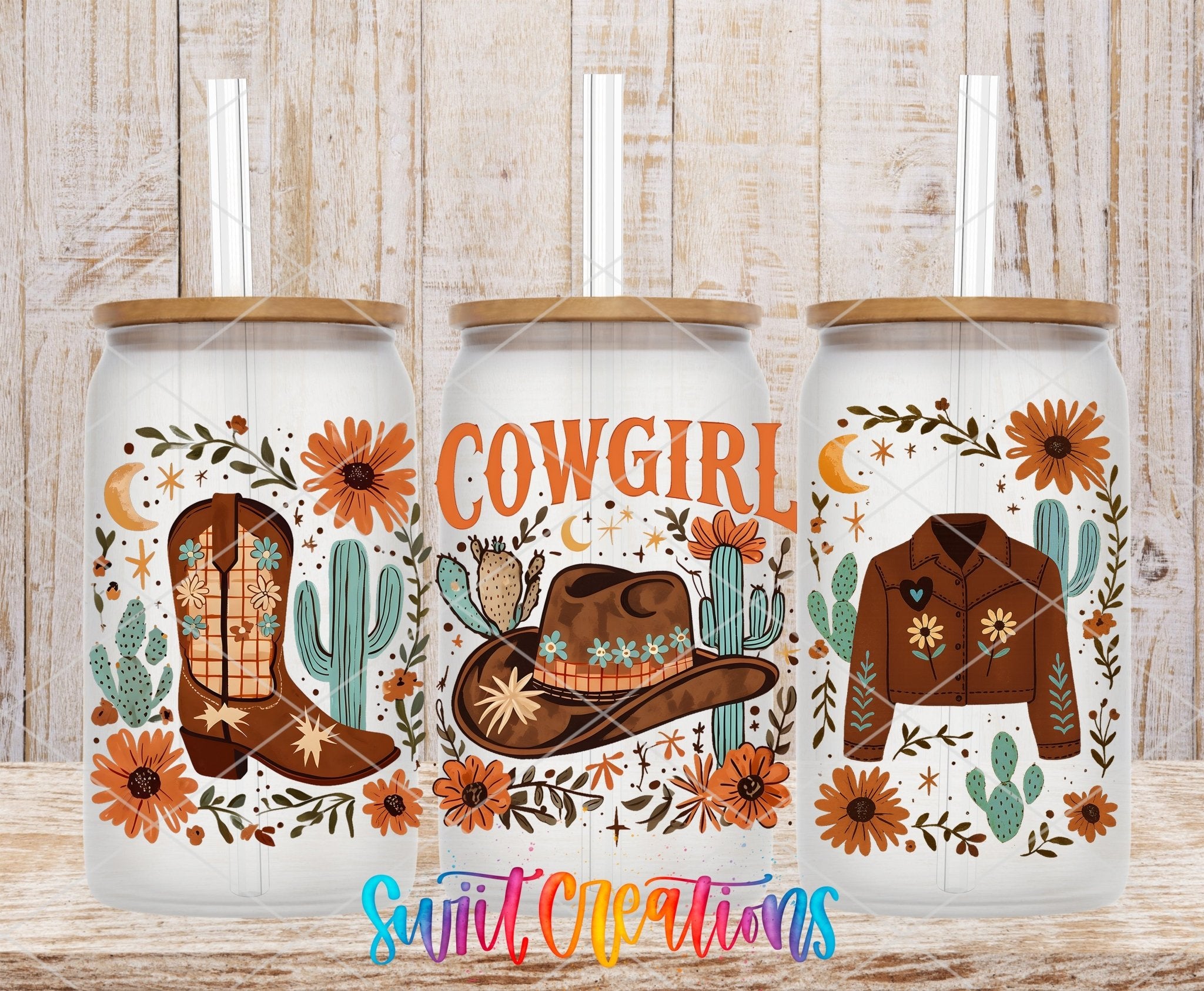 Cowgirl Western UV DTF Transfer Tumbler Wrap | Cowboy Hat Boots Jacket Floral Tumbler Design | DTF282 - Swiit Creations
