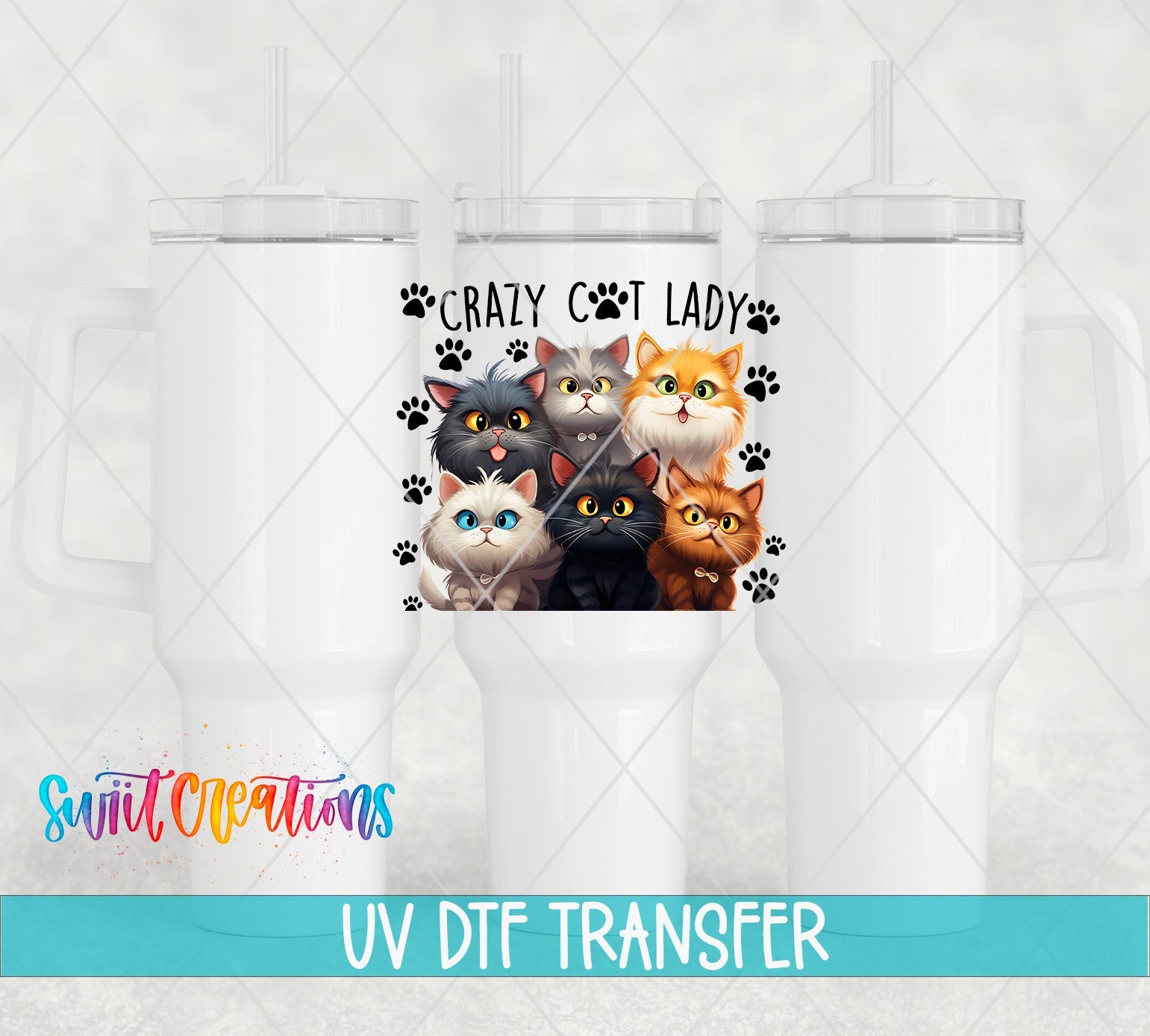 Crazy Cat Lady UV DTF transfer applied to a white tumbler set from Swiit Creations