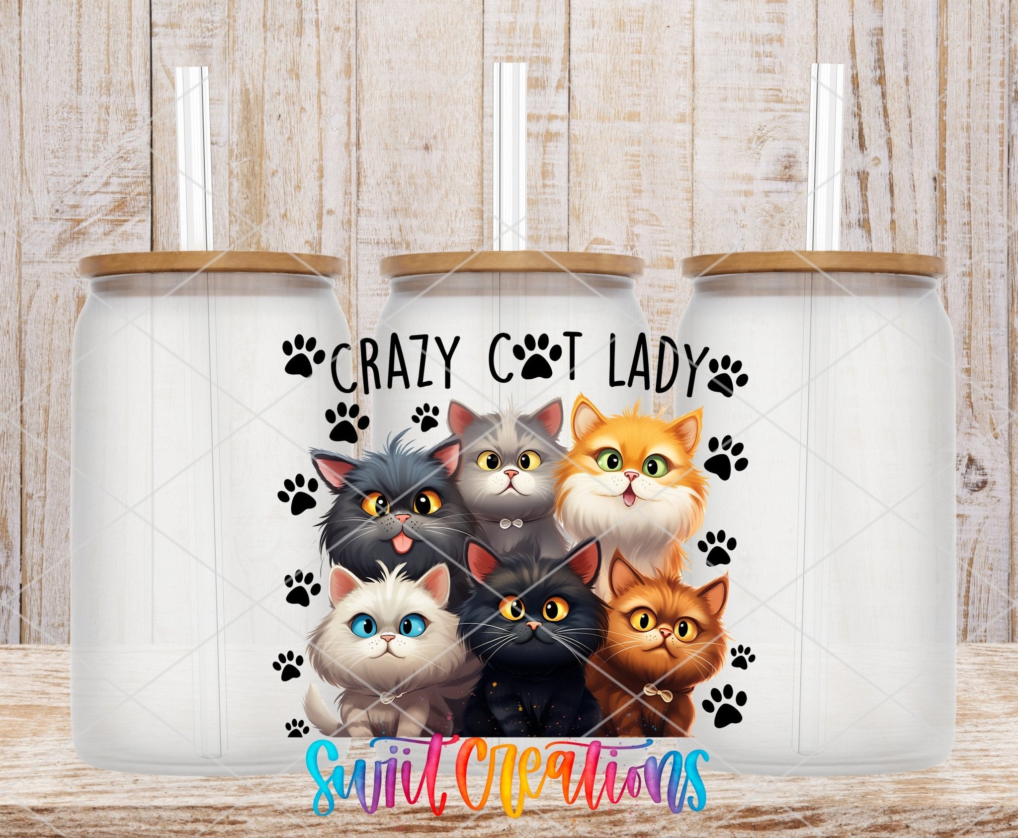 Crazy Cat Lady UV DTF transfer applied to a clear glass can set from Swiit Creations