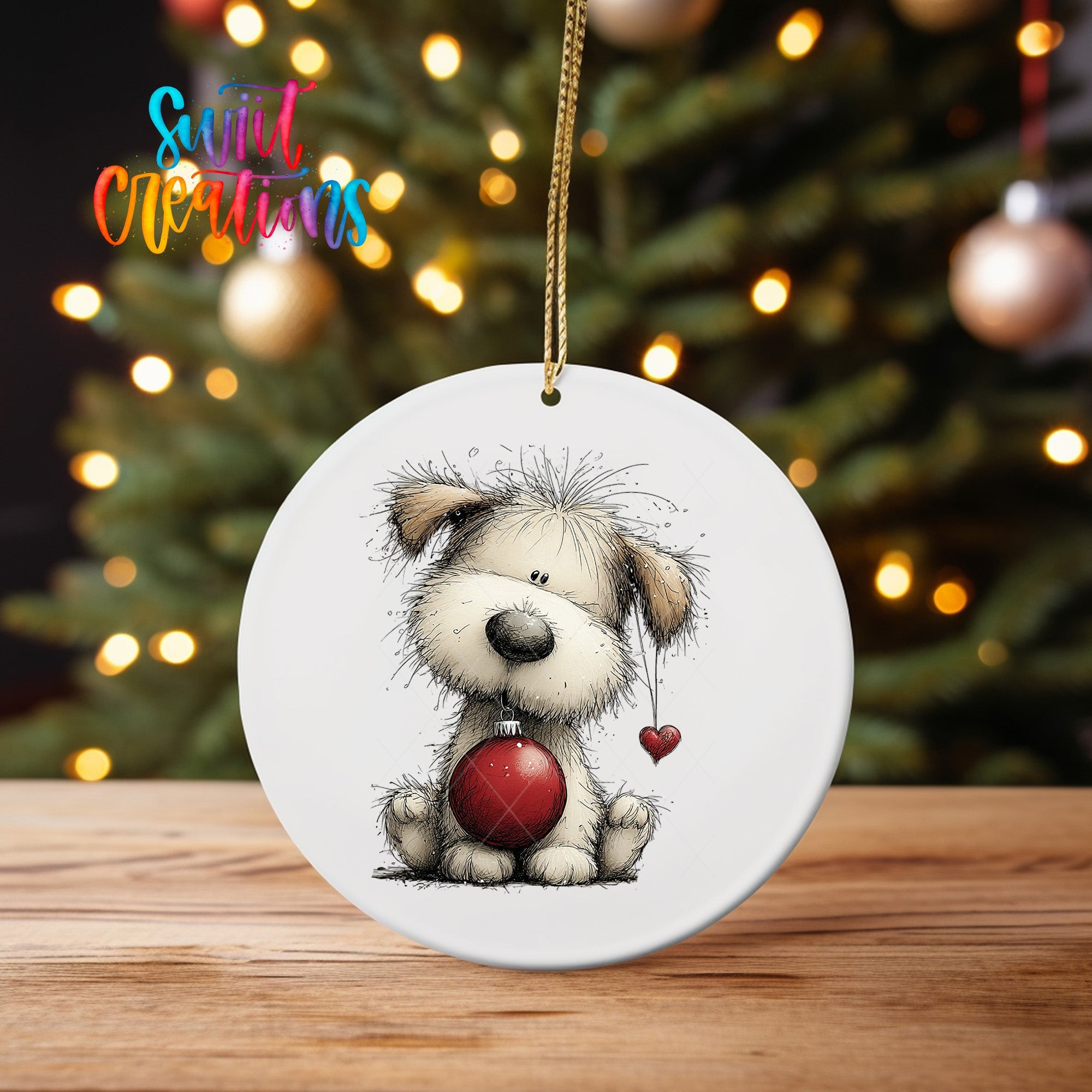 Cute Christmas Dog With Red Ornament UV DTF Ornament Transfer | O-1969 - Swiit Creations