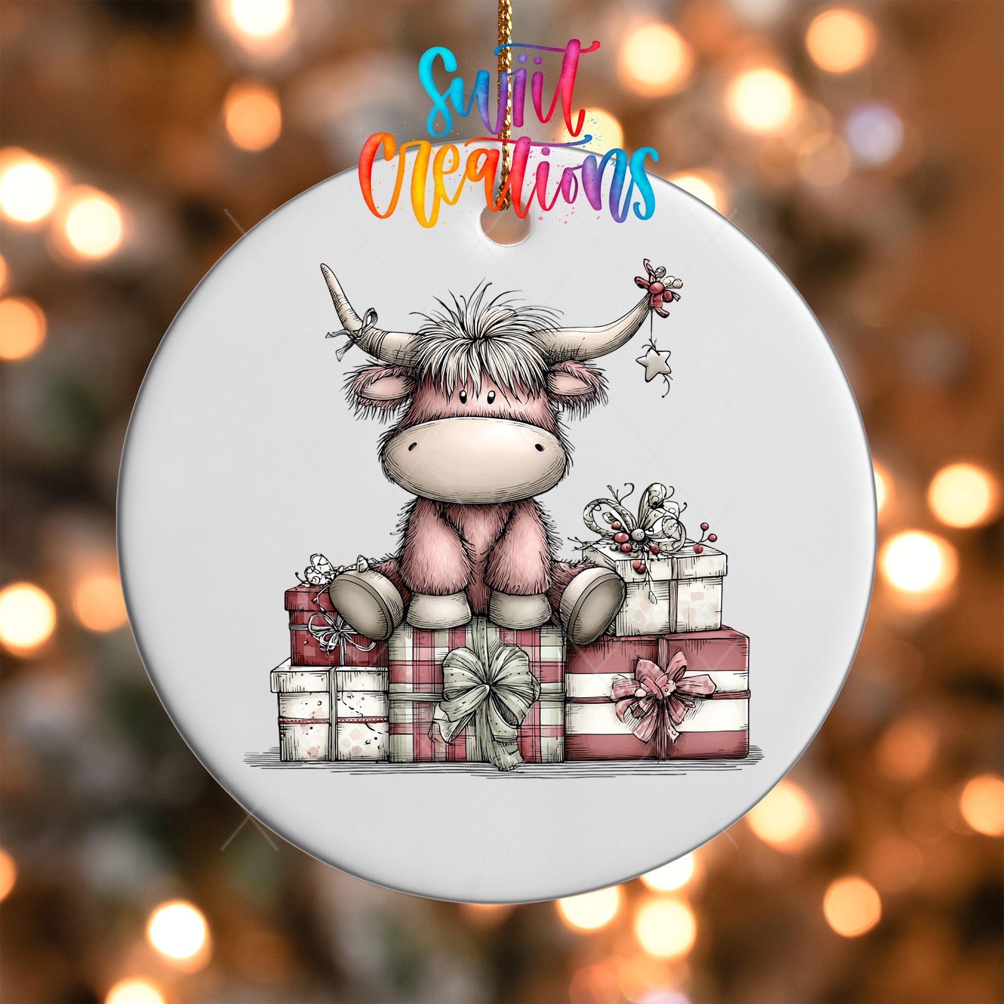Cute Christmas Highland Cow With Gifts UV DTF Ornament Transfer | O-1970 - Swiit Creations