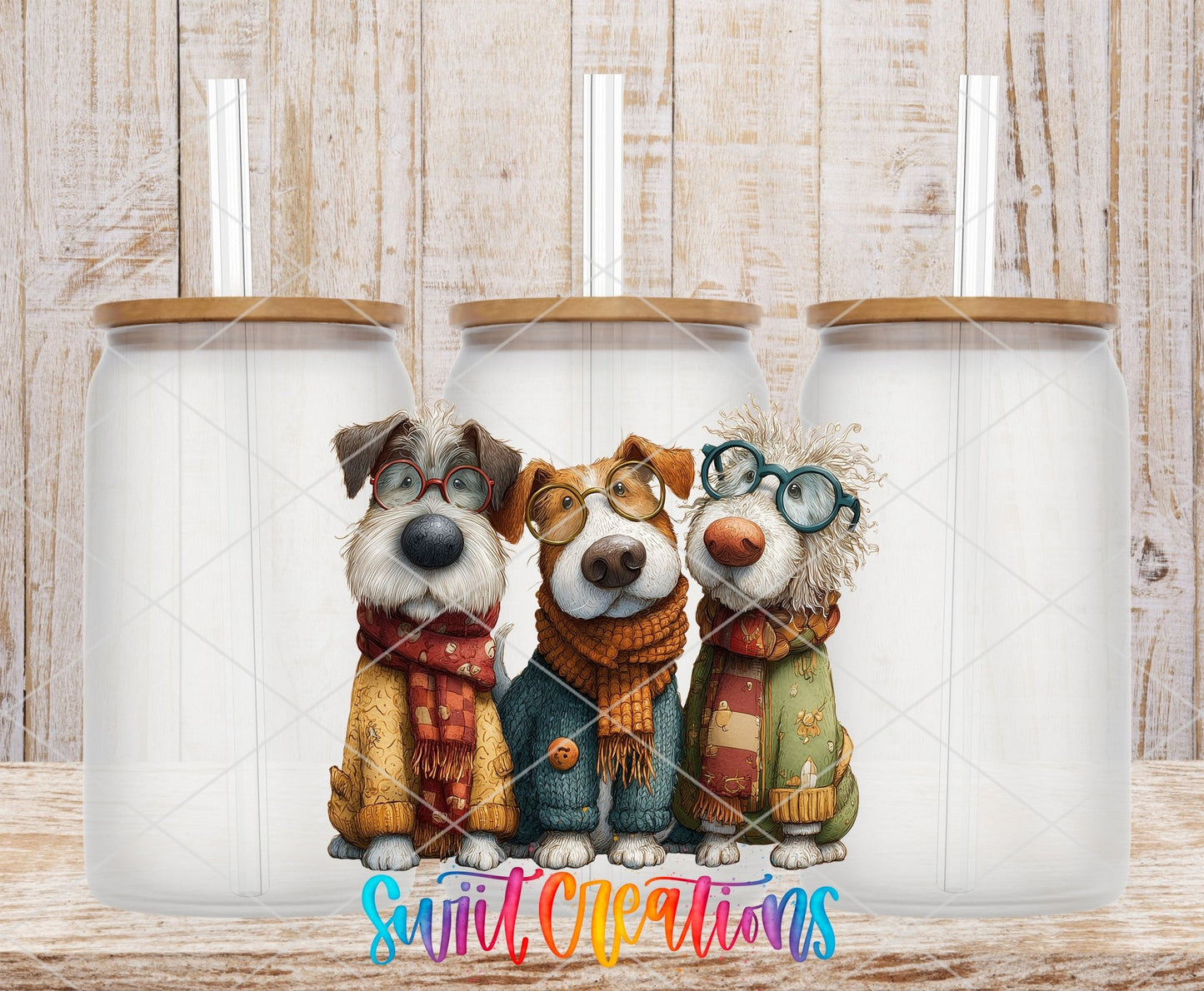 Cute Dogs UV DTF transfer applied to a clear glass can set from Swiit Creations