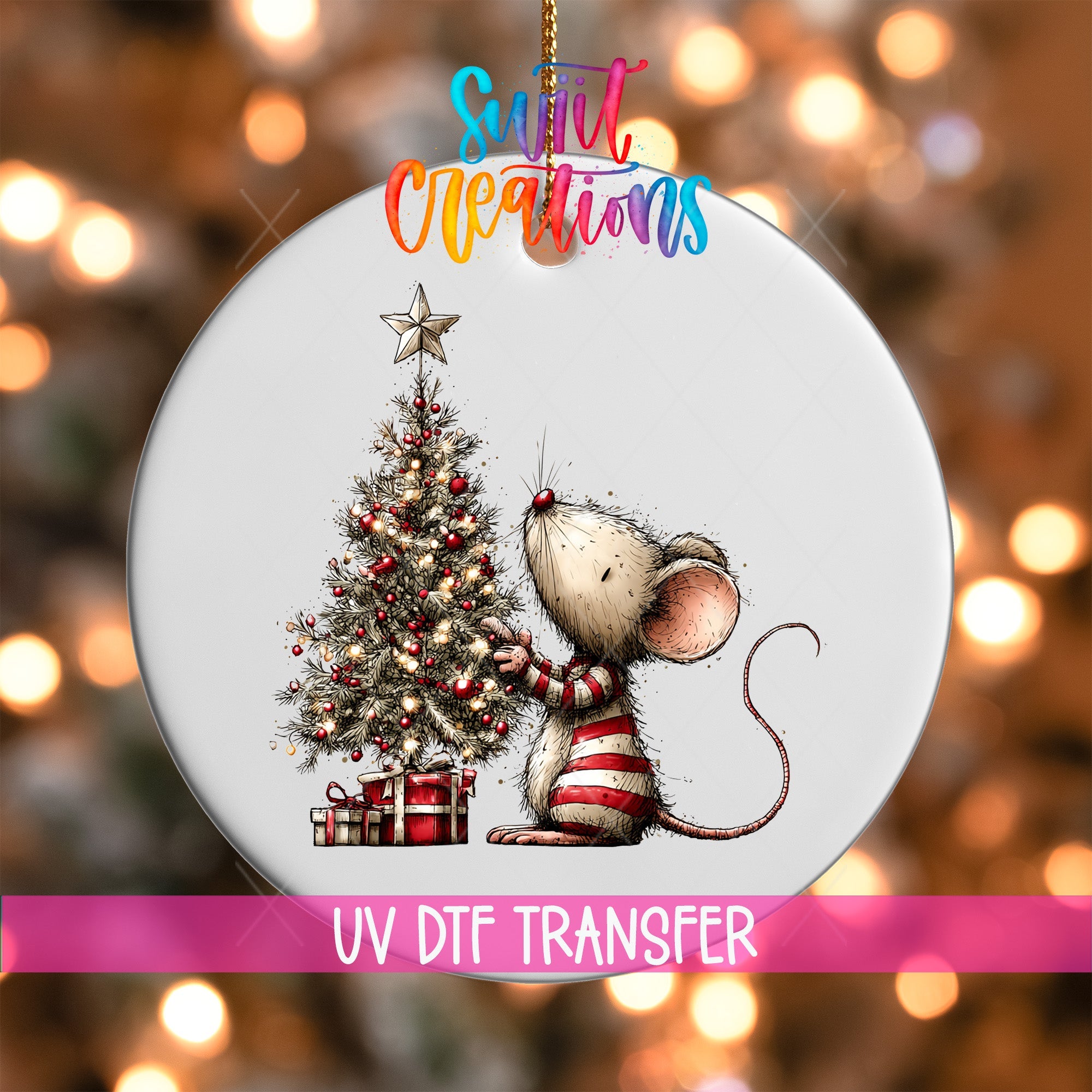 Cute Mouse Decorating Christmas Tree UV DTF Ornament Transfer | O-1860 - Swiit Creations