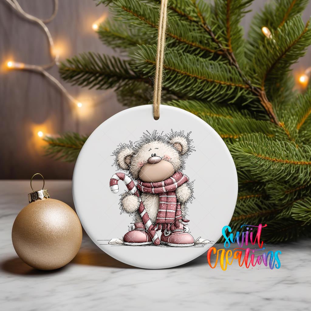 Cute Pink Bear With Candy Cane UV DTF Ornament Transfer | O-1952 - Swiit Creations