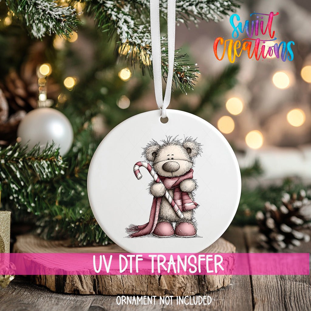 Cute Pink Bear With Candy Cane UV DTF Ornament Transfer | O-1957 - Swiit Creations