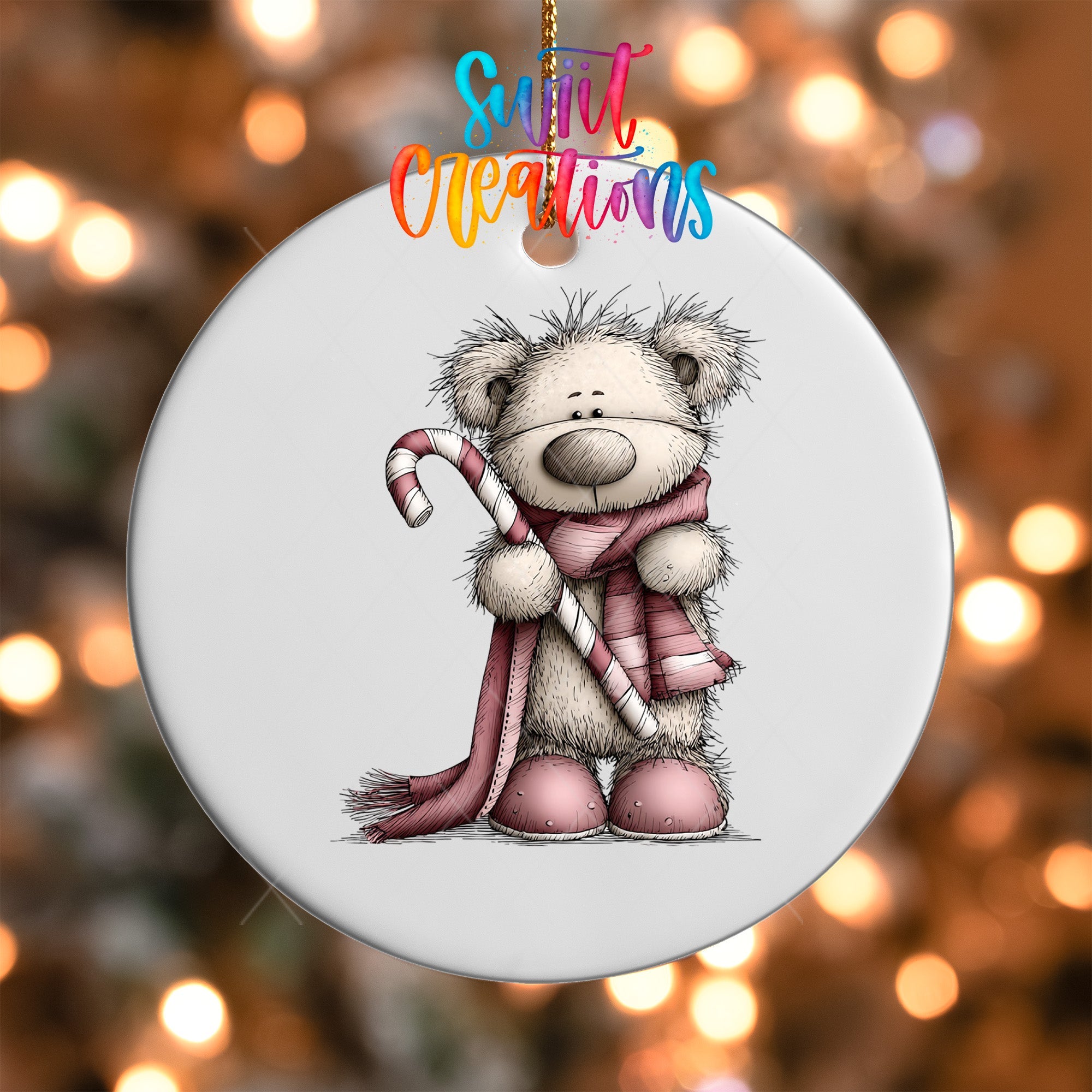 Cute Pink Bear With Candy Cane UV DTF Ornament Transfer | O-1957 - Swiit Creations