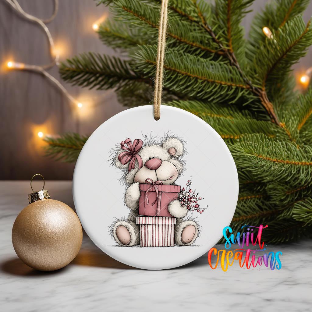 Cute Pink Bear With Gift Christmas UV DTF Ornament Transfer | O-1954 - Swiit Creations