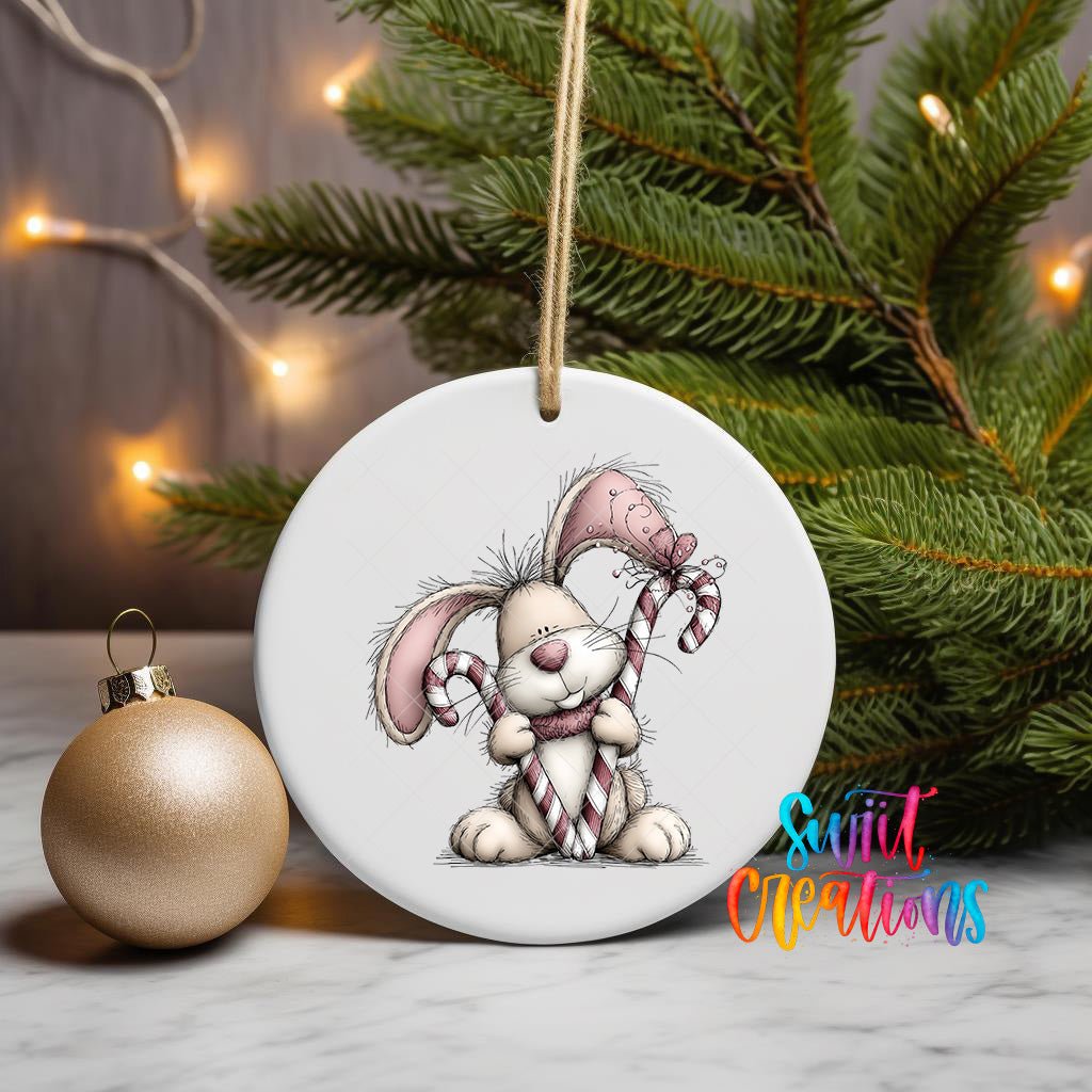 Cute Pink Bunny With Candy Cane UV DTF Ornament Transfer | O-1947 - Swiit Creations