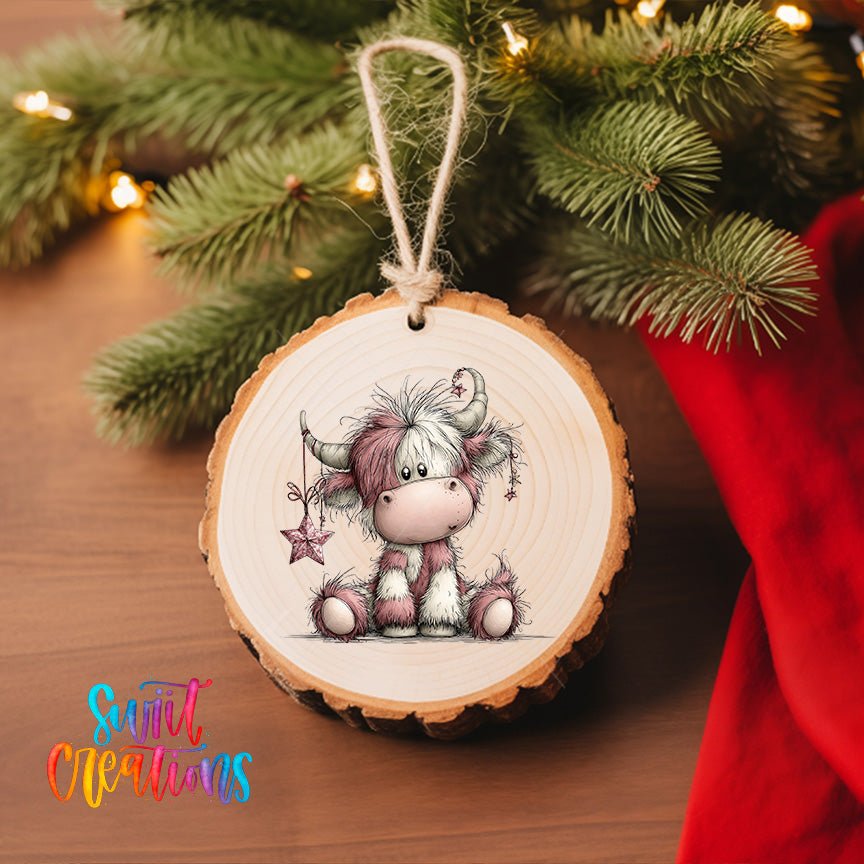 Cute Pink Christmas Highland Cow UV DTF Ornament Transfer | O-1971 - Swiit Creations