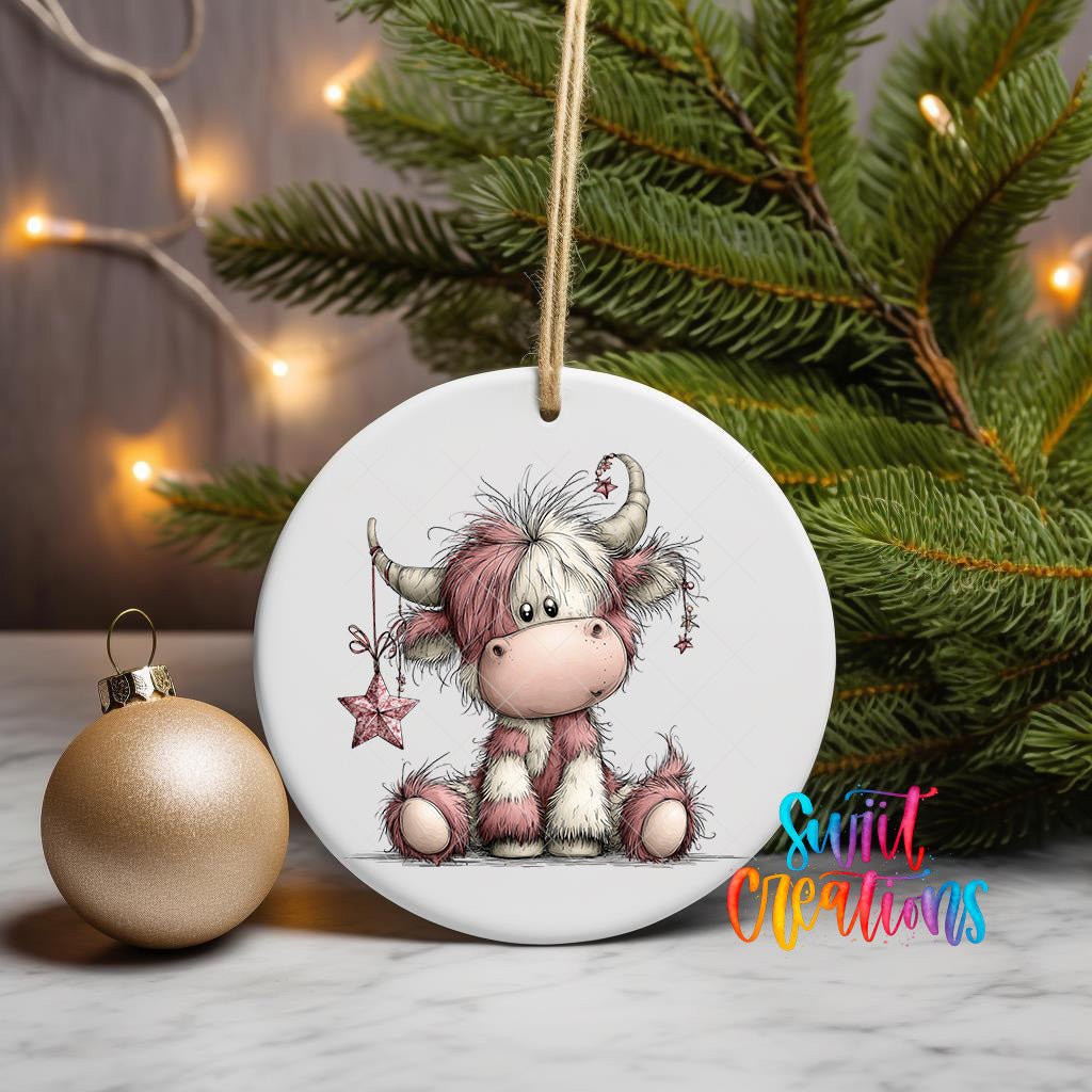 Cute Pink Christmas Highland Cow UV DTF Ornament Transfer | O-1971 - Swiit Creations
