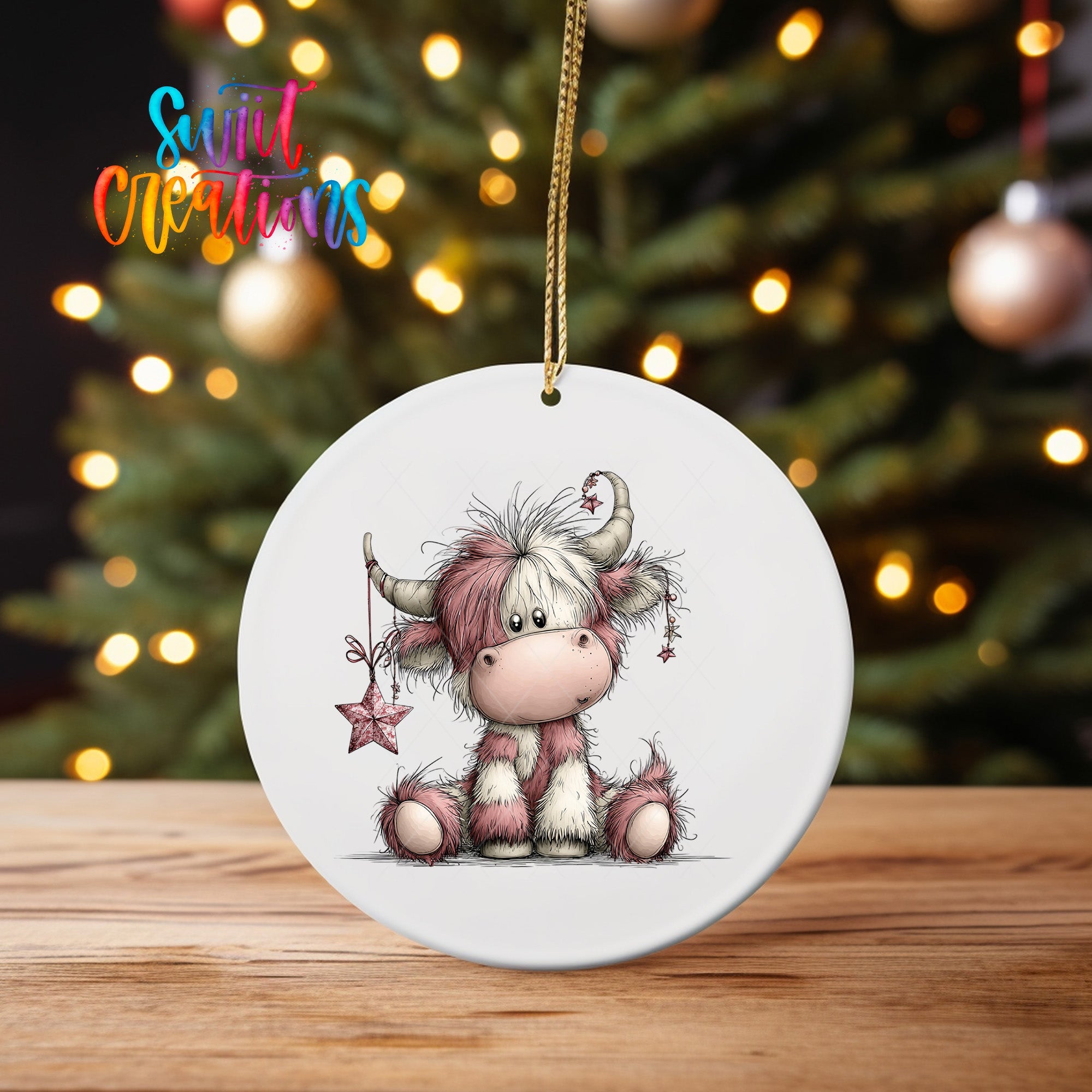 Cute Pink Christmas Highland Cow UV DTF Ornament Transfer | O-1971 - Swiit Creations
