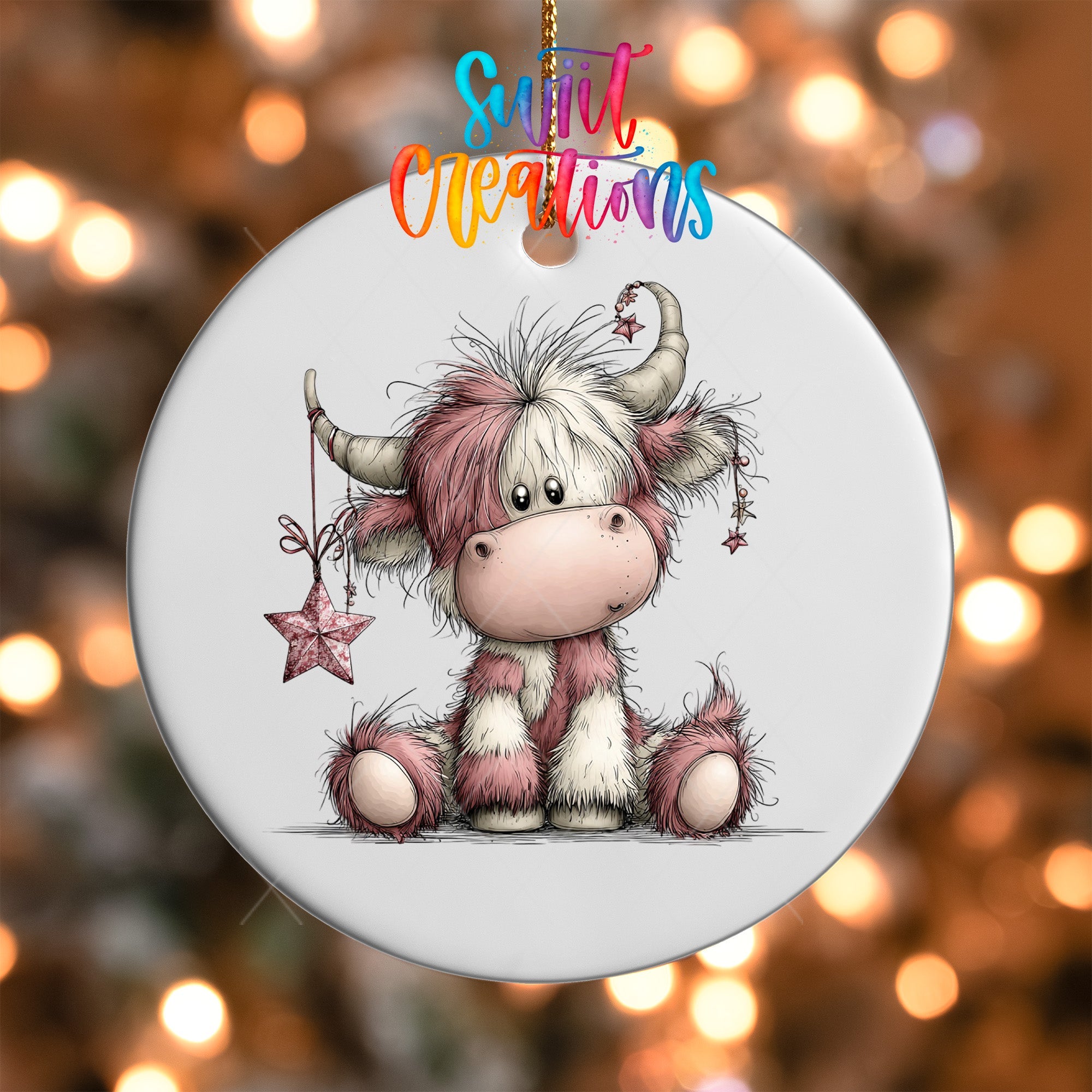 Cute Pink Christmas Highland Cow UV DTF Ornament Transfer | O-1971 - Swiit Creations