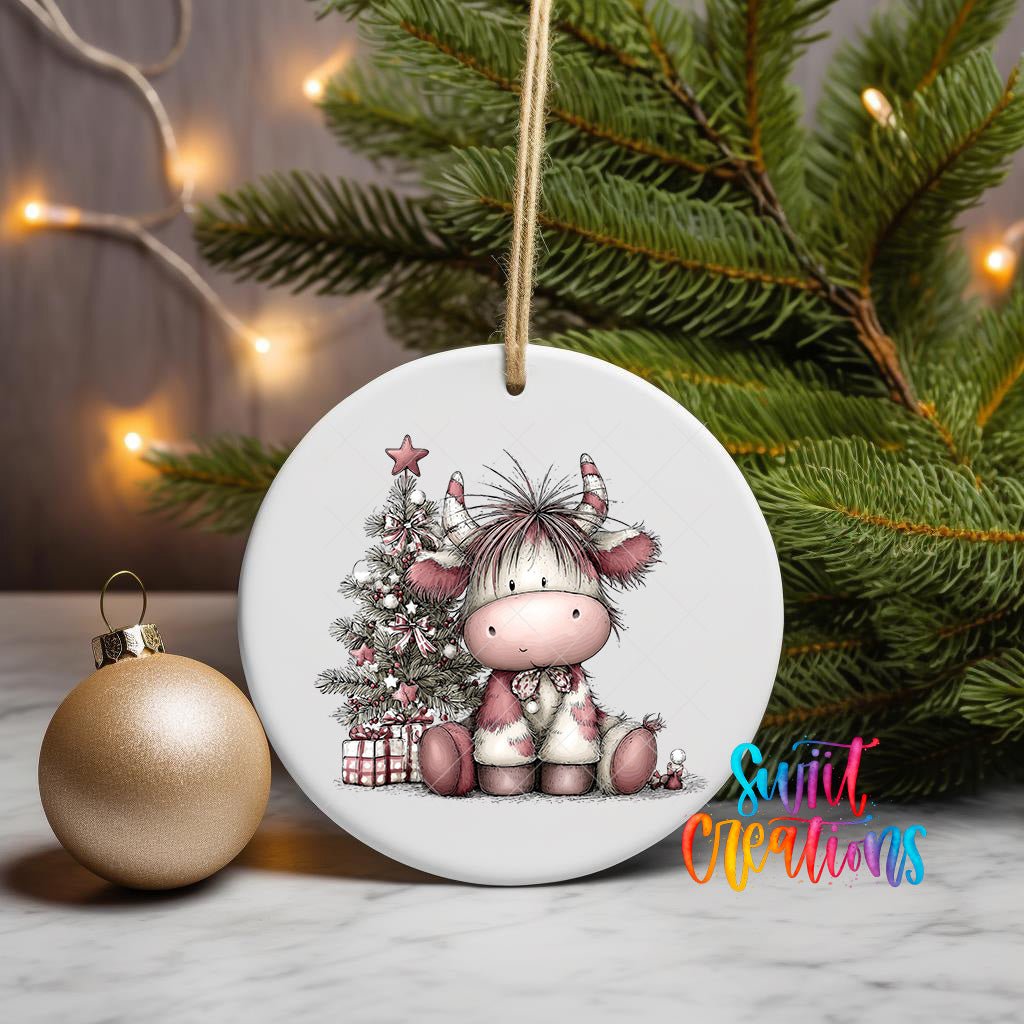 Cute Pink Christmas Highland Cow UV DTF Ornament Transfer | O-1972 - Swiit Creations