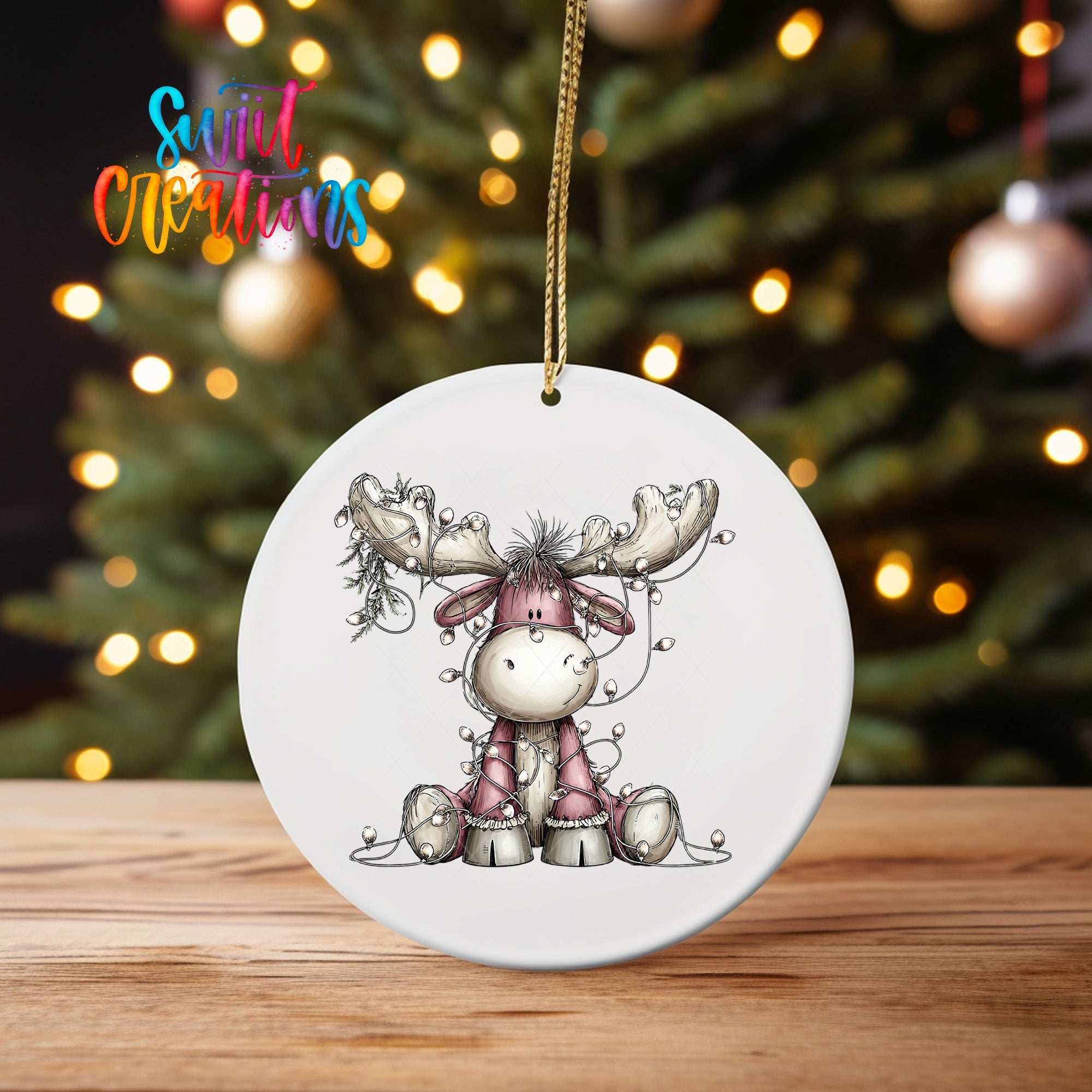 Cute Pink Moose With Lights UV DTF Ornament Transfer | O-1934 - Swiit Creations