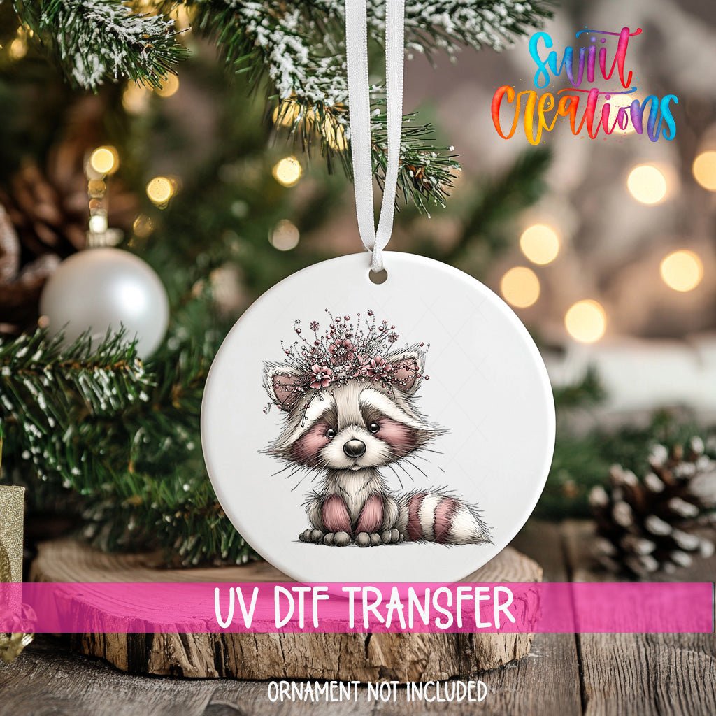Cute Pink Raccoon With Floral Crown UV DTF Ornament Transfer | O-1929 - Swiit Creations