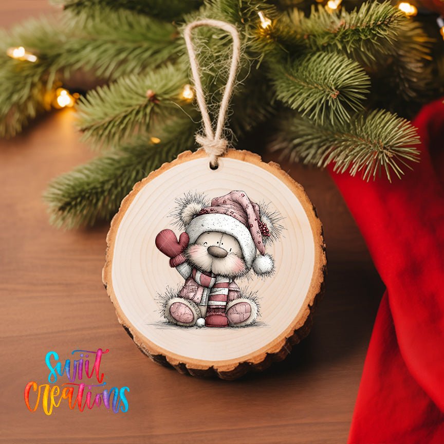 Cute Pink Winter Bear Waving Christmas UV DTF Ornament Transfer | O-1955 - Swiit Creations