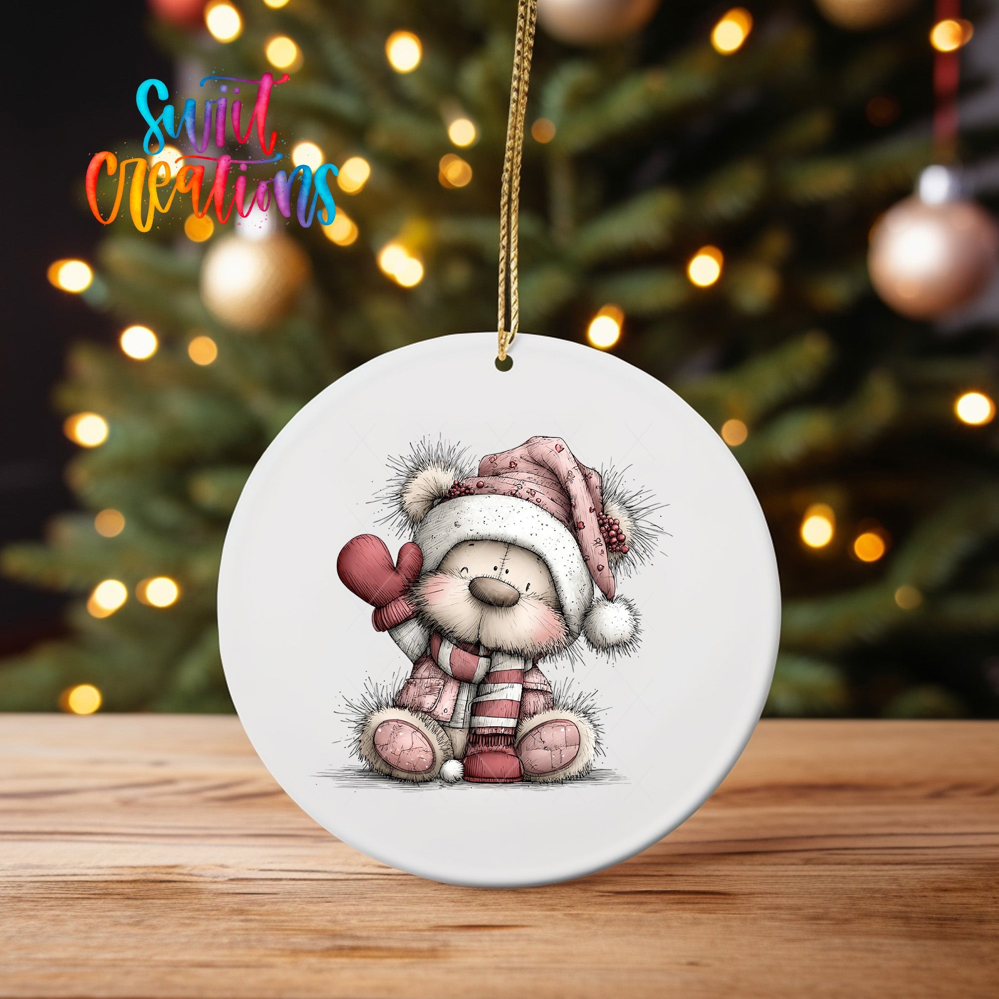 Cute Pink Winter Bear Waving Christmas UV DTF Ornament Transfer | O-1955 - Swiit Creations