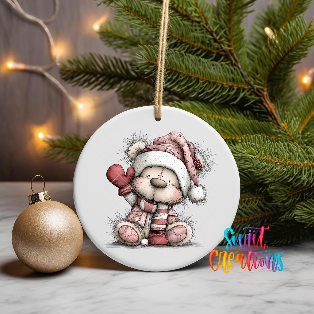 Cute Pink Winter Bear Waving Christmas UV DTF Ornament Transfer | O-1955 - Swiit Creations