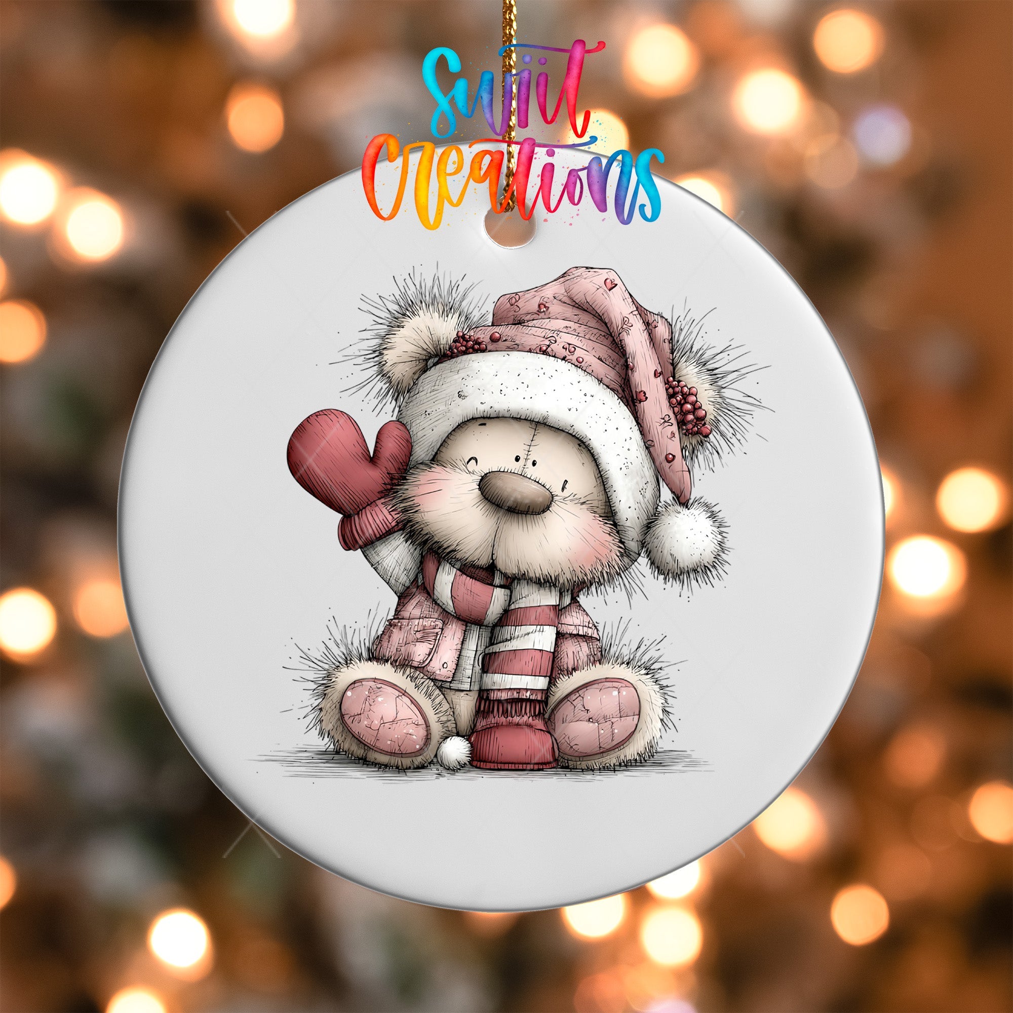 Cute Pink Winter Bear Waving Christmas UV DTF Ornament Transfer | O-1955 - Swiit Creations