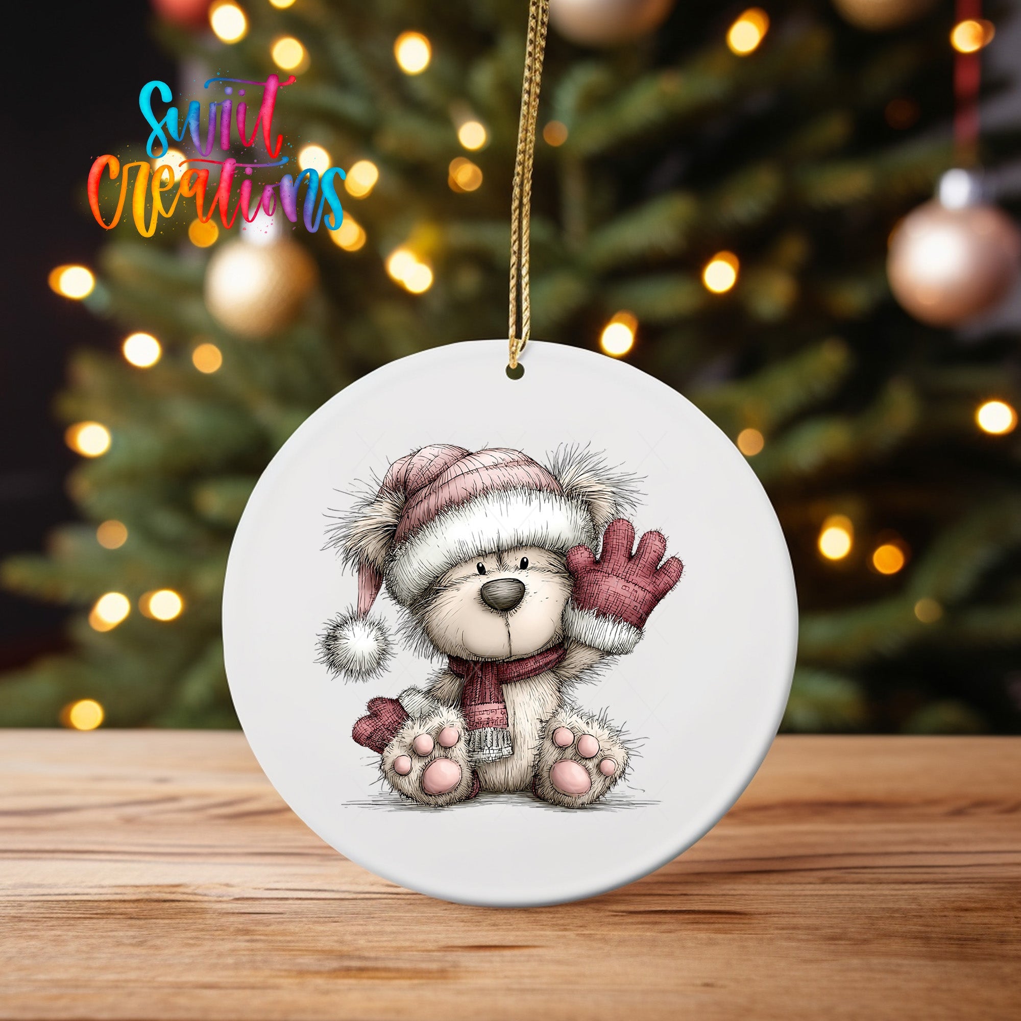 Cute Pink Winter Bear Waving Christmas UV DTF Ornament Transfer | O-1958 - Swiit Creations
