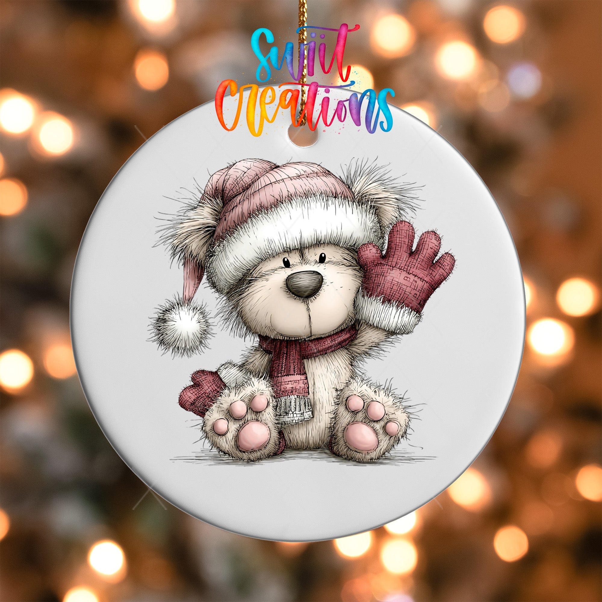 Cute Pink Winter Bear Waving Christmas UV DTF Ornament Transfer | O-1958 - Swiit Creations