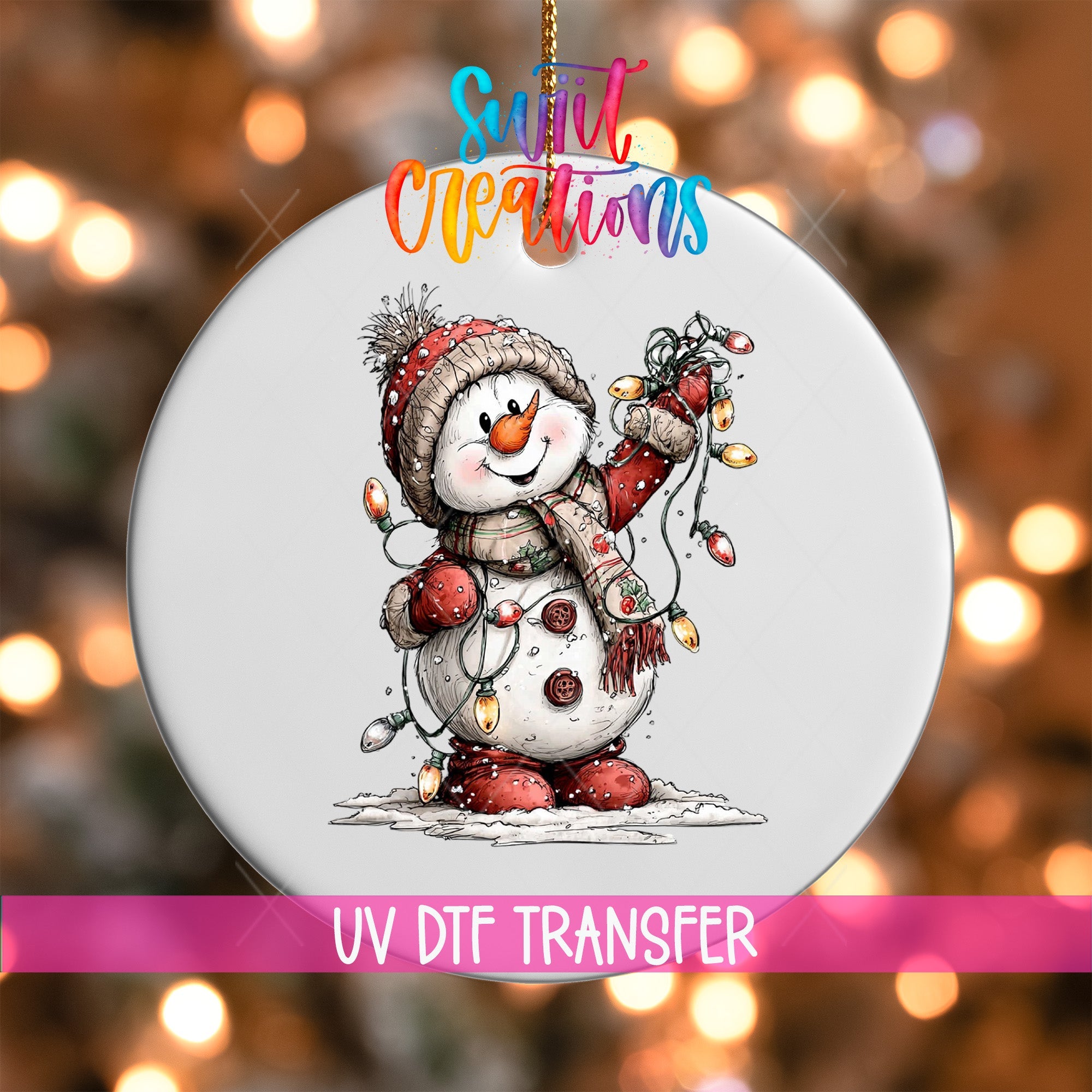 Cute Snowman With Christmas Lights UV DTF Ornament Transfer | O-1830 - Swiit Creations