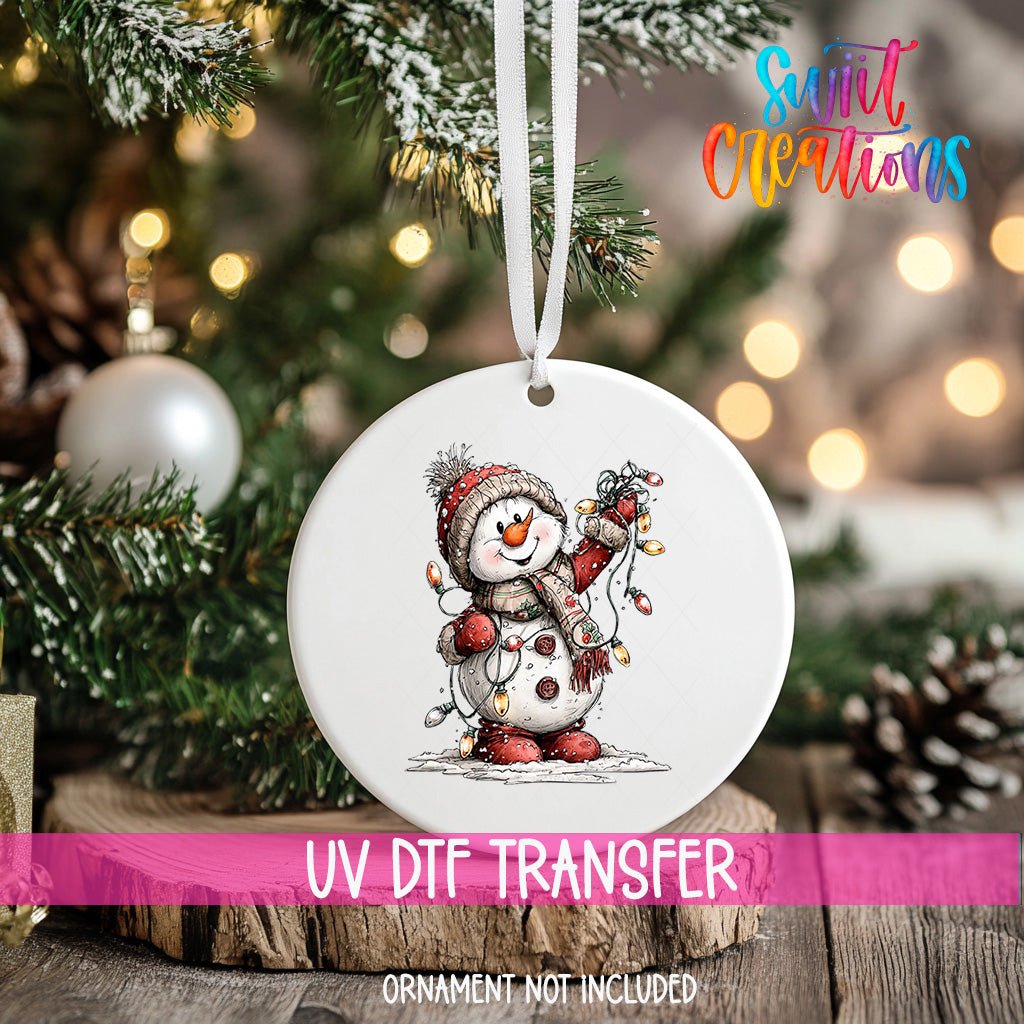 Cute Snowman With Christmas Lights UV DTF Ornament Transfer | O-1830 - Swiit Creations