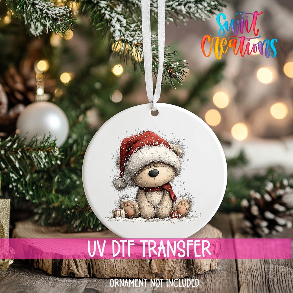 Cute Teddy Bear In Santa Hat UV DTF Ornament Transfer | O-1815 - Swiit Creations