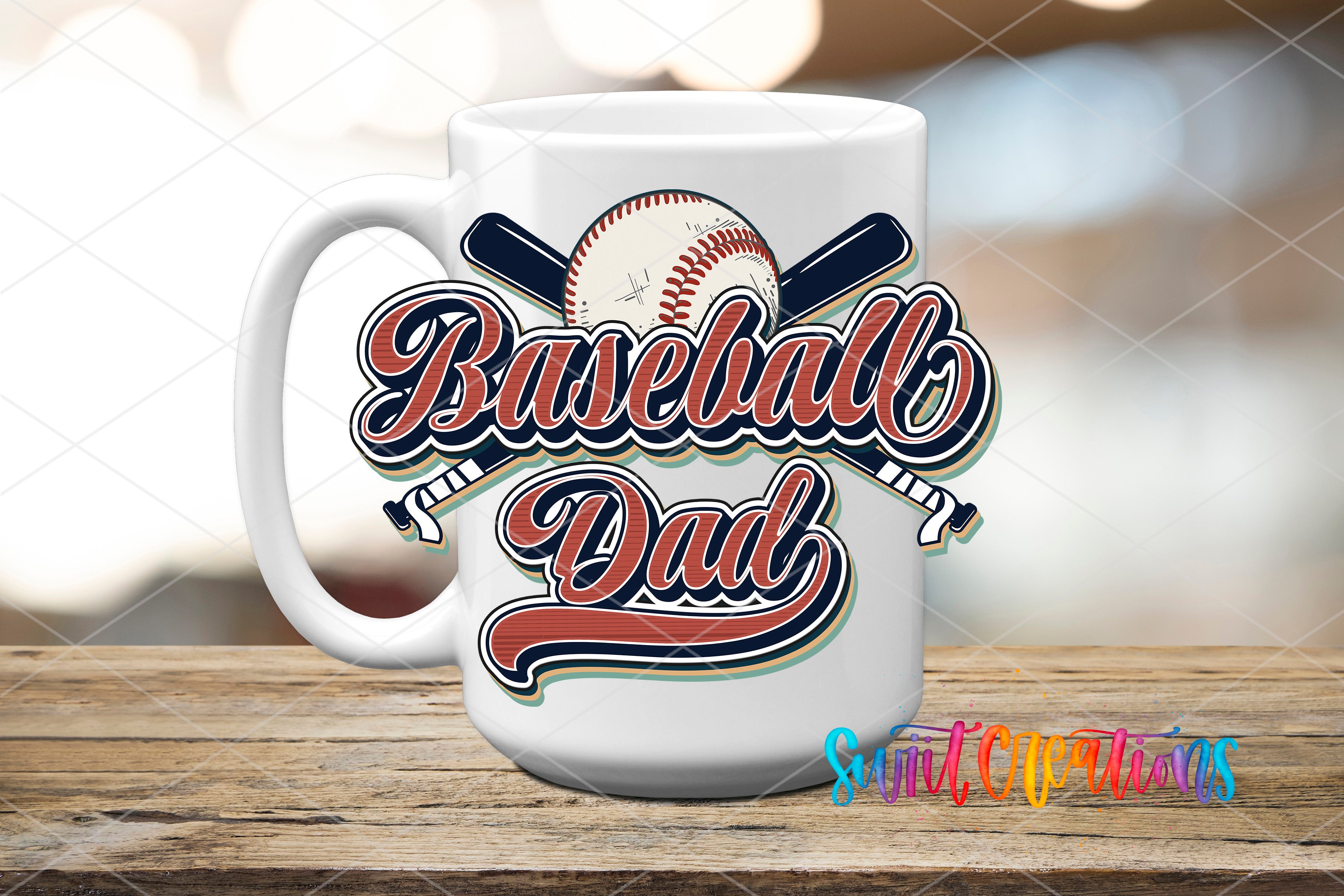 A white mug with the text "Baseball Dad" printed on it, along with baseball bats and a baseball.