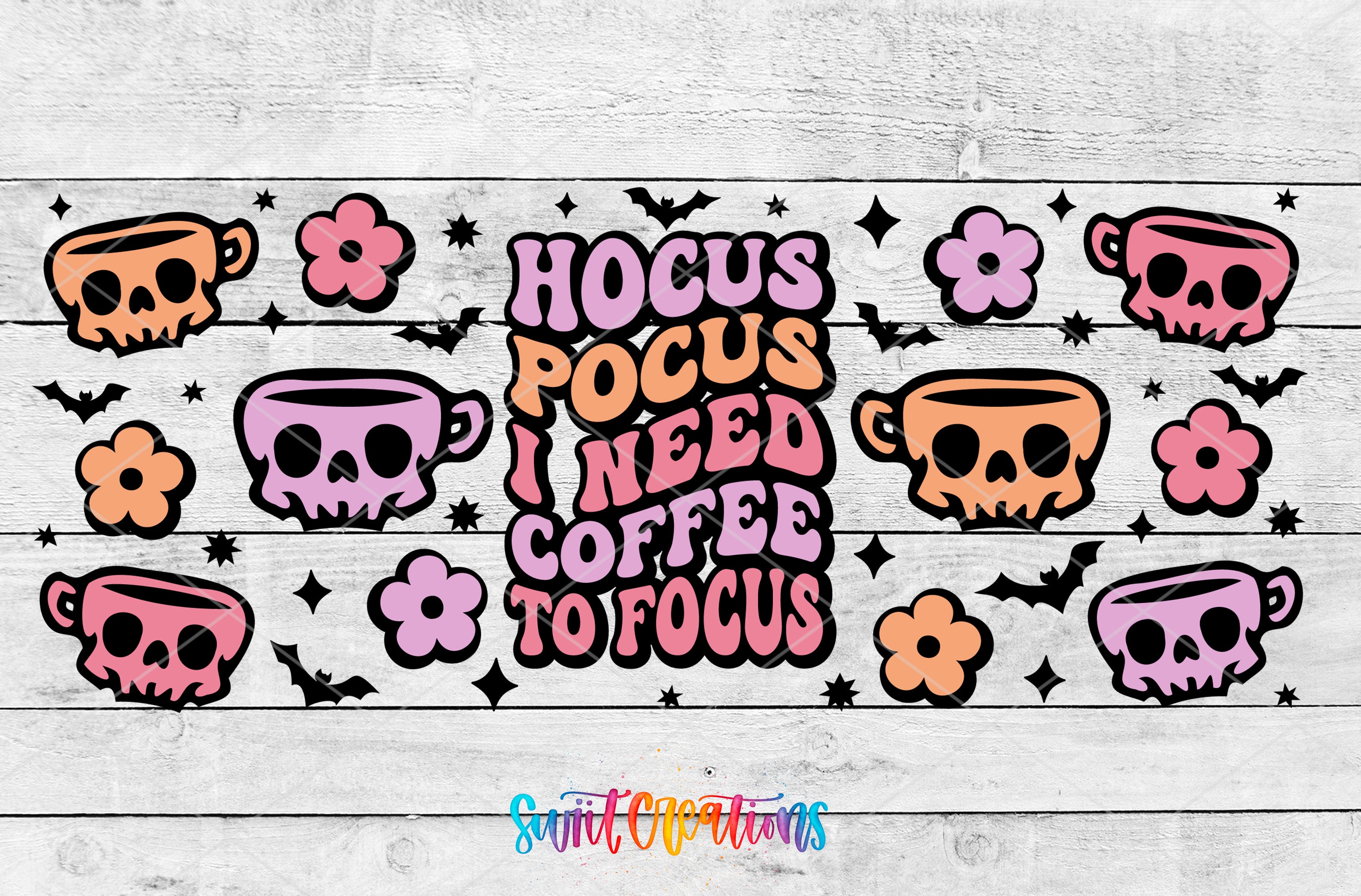 The image is a colorful and whimsical design featuring various skull-themed elements, such as cups, flowers, and bats, along with the text "HOCUS POOCH I NEED COFFEE TO FOCUS" in a playful font.