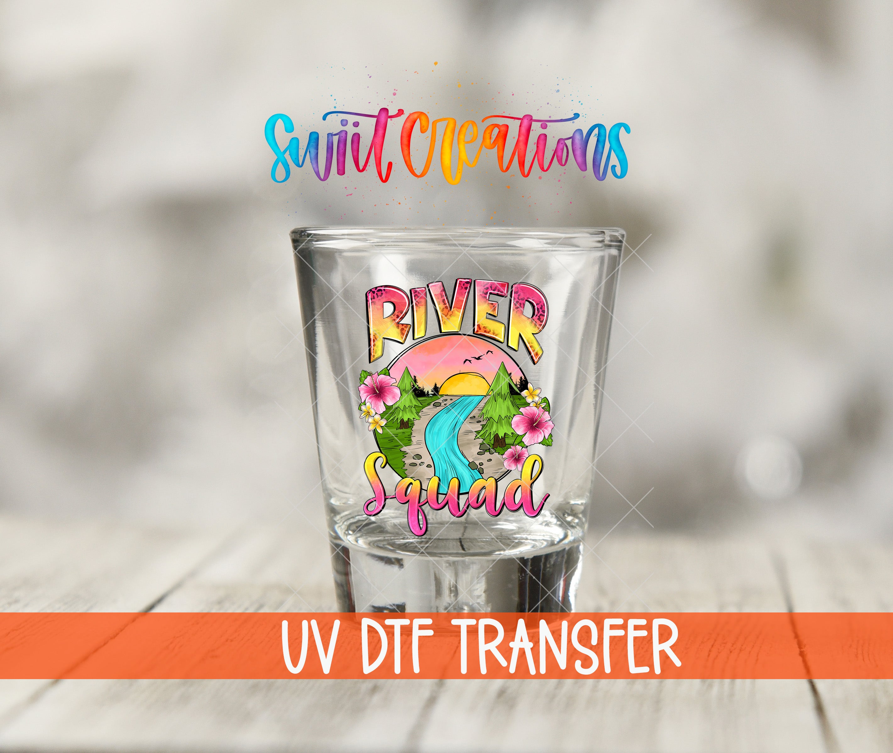 A shot glass with a colorful design featuring a river and flowers, along with the text "River Squad" and "Swift Creations".