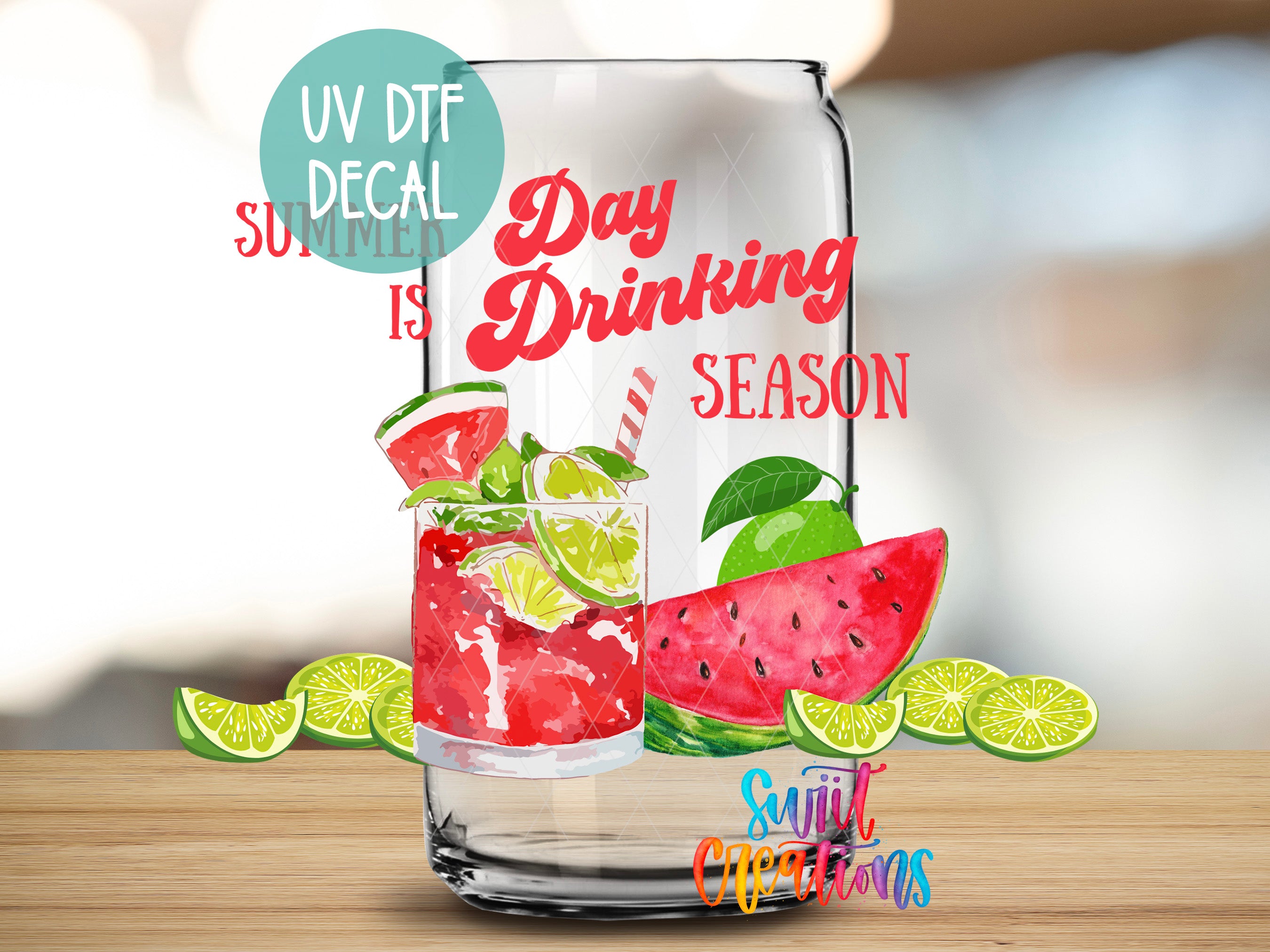 a glass filled with a colorful drink, surrounded by slices of watermelon, limes, and a straw. The text on the glass reads "UV Dtf Decal Summer is Drinking Season" and "Sunlit Creations".