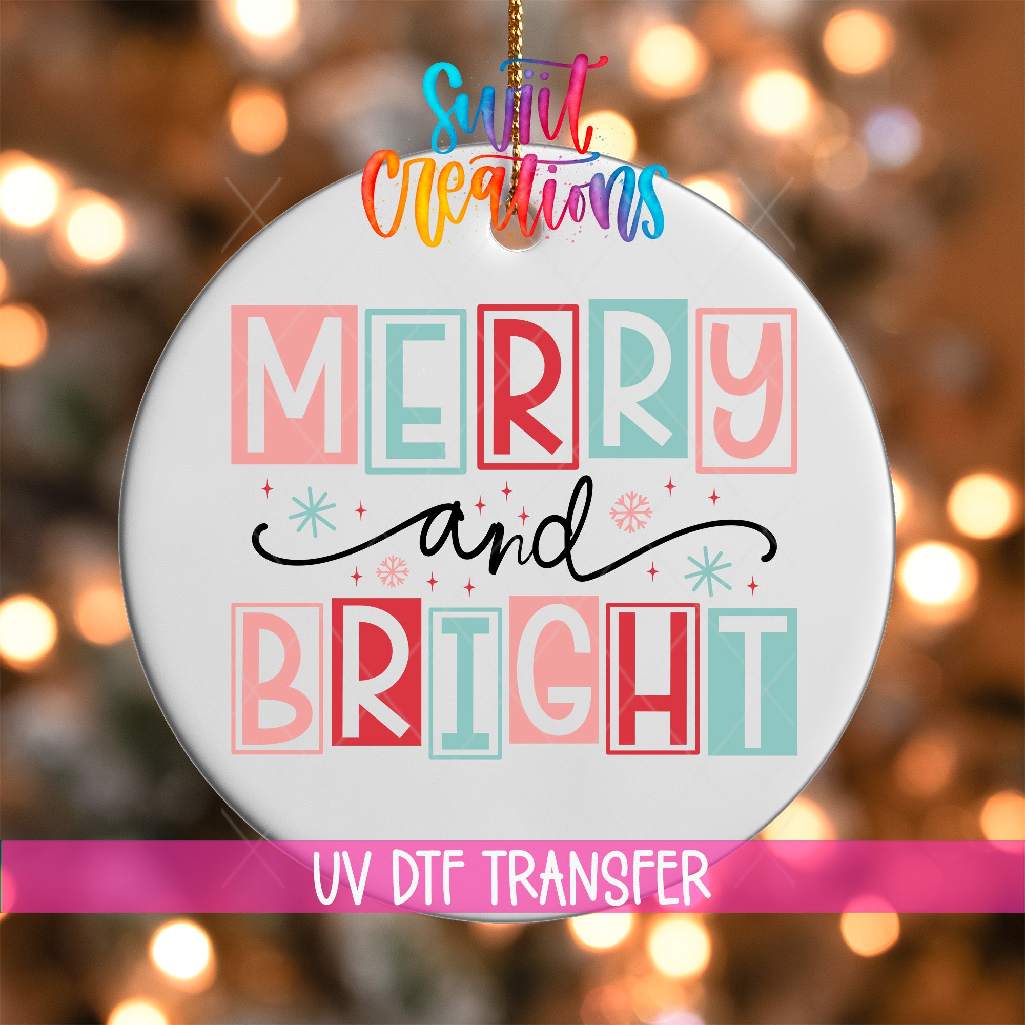 A white ceramic ornament with the text "MERRY AND BRIGHT" in a colorful, stylized font.