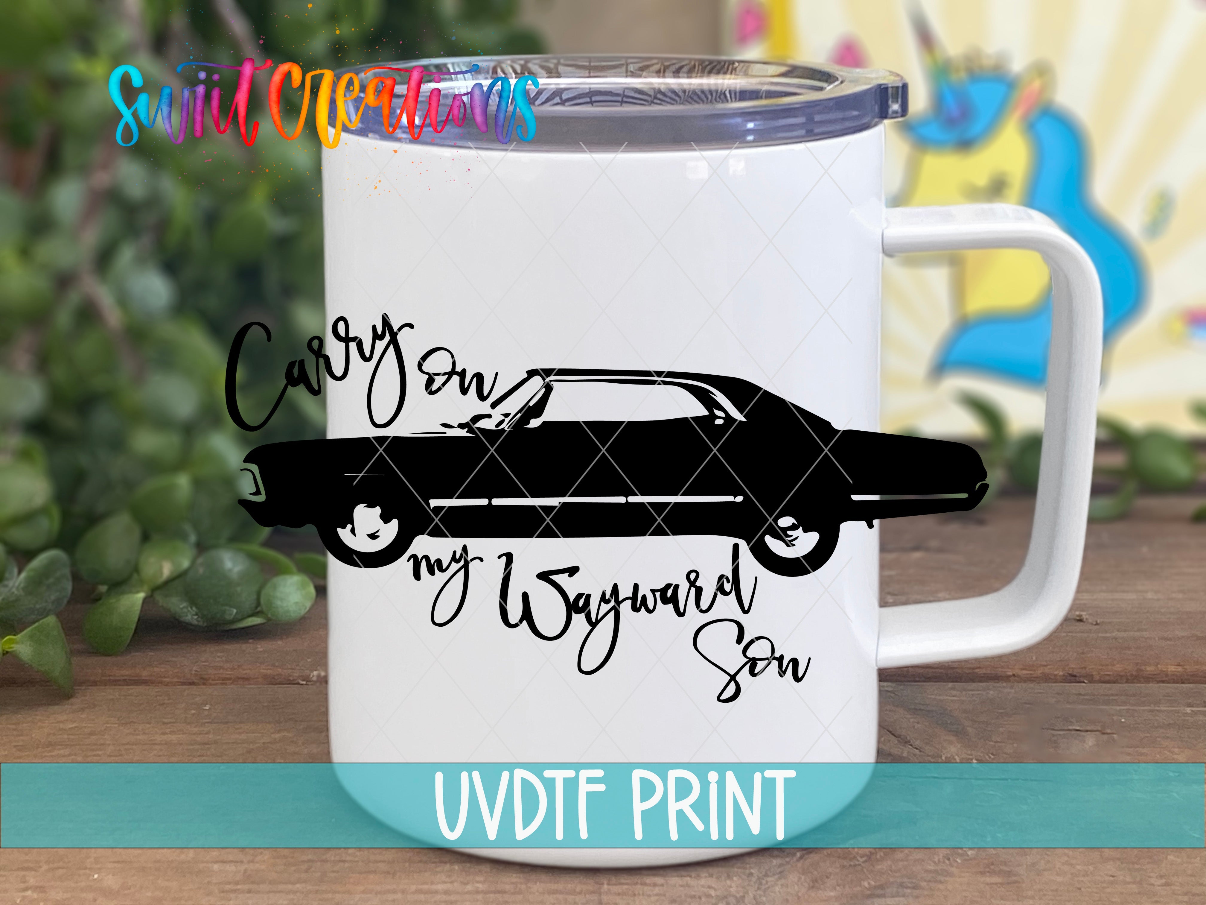 a white coffee mug with a black car on it