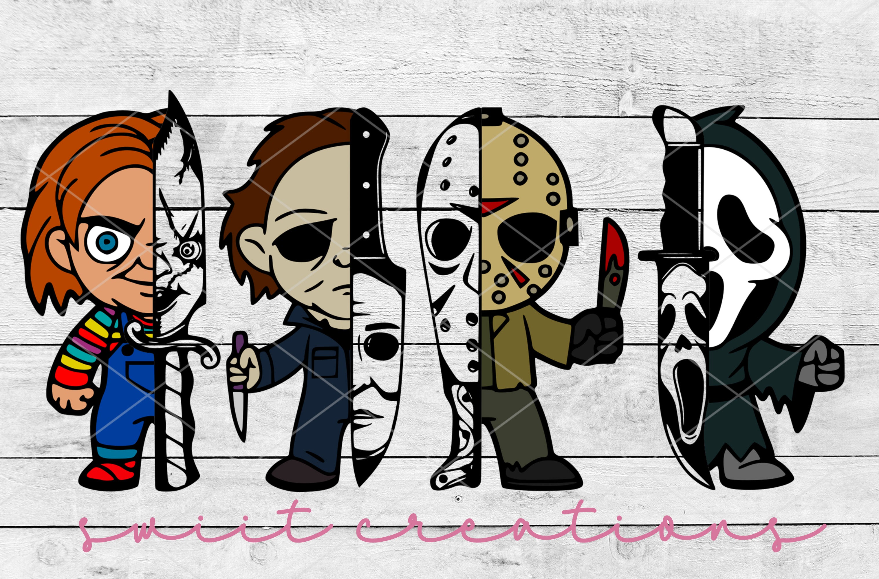 a group of cartoon characters standing next to each other