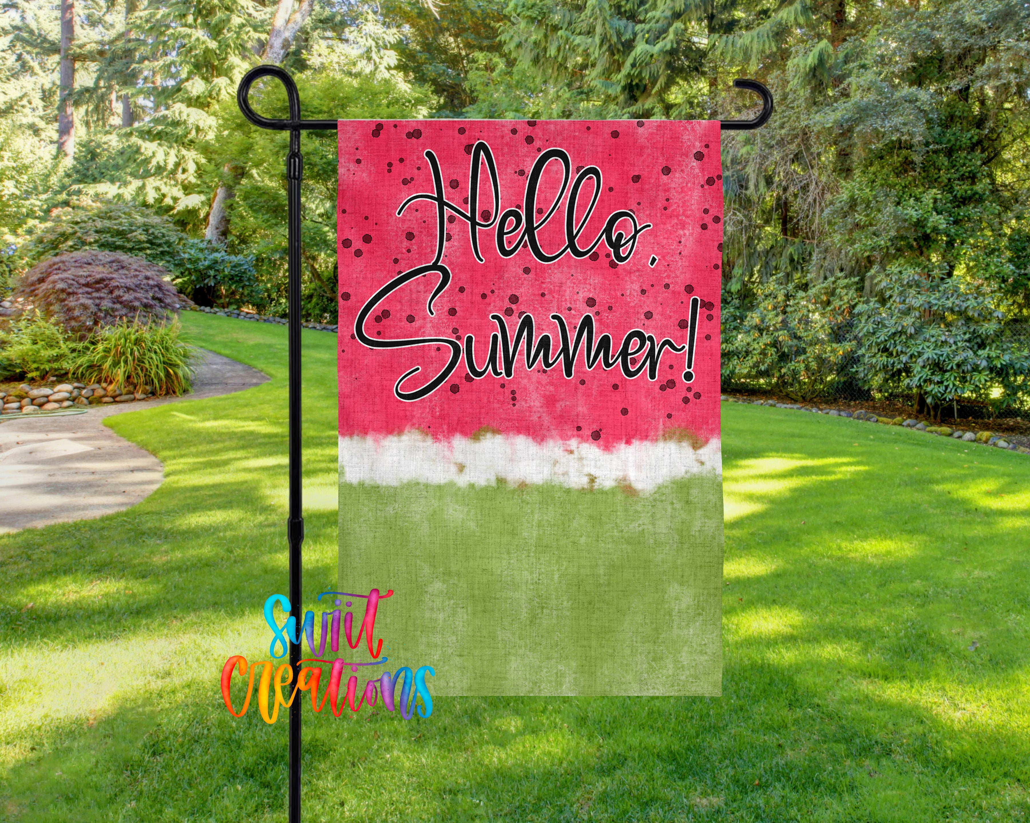 A colorful garden flag with the text "Hello Summer!" displayed prominently.