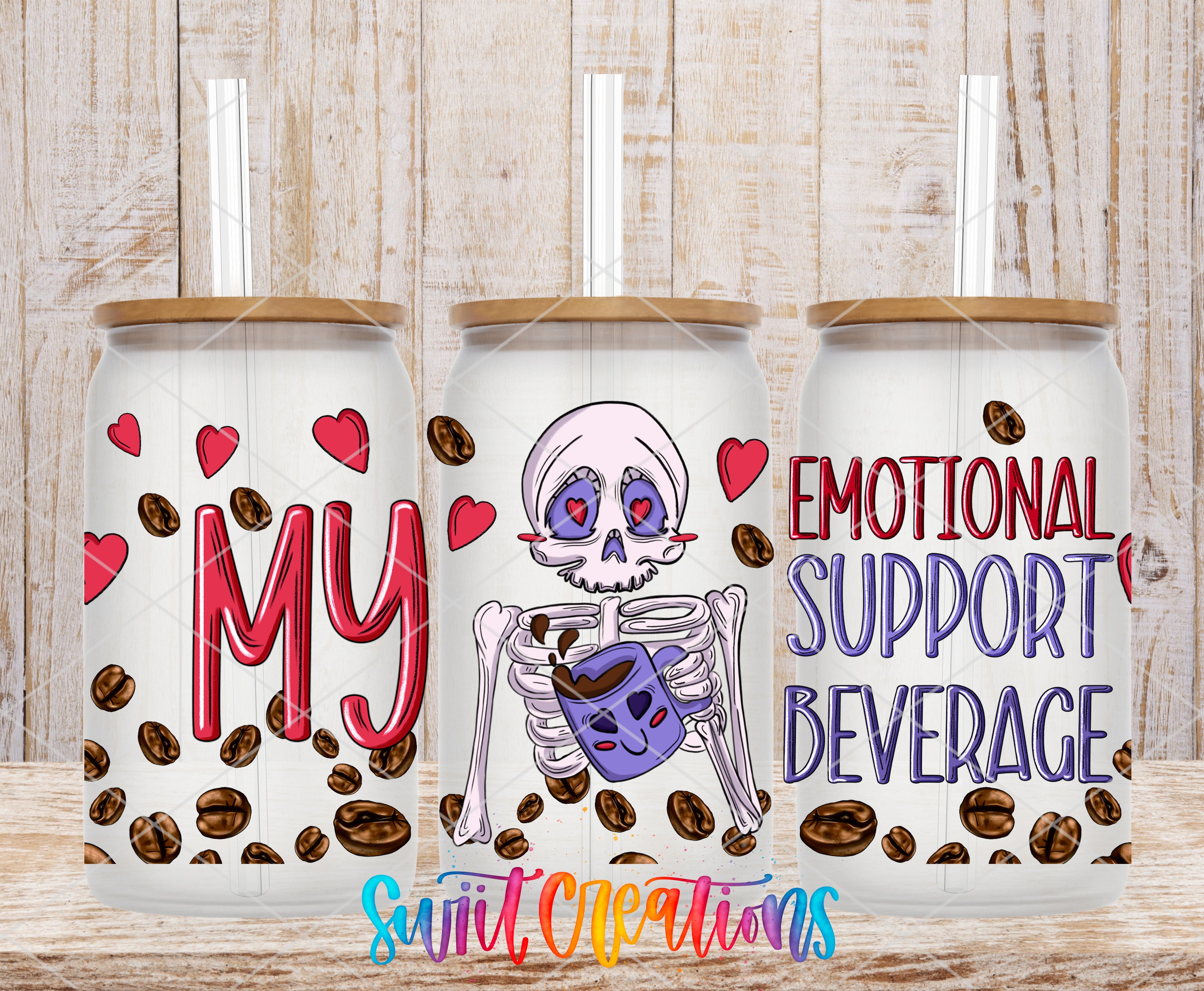 three coffee canisters with unique designs and text. The first canister has a skeleton design with hearts, the second canister has a heart design, and the third canister has a heart design with the text "Emotional Support Beverage".