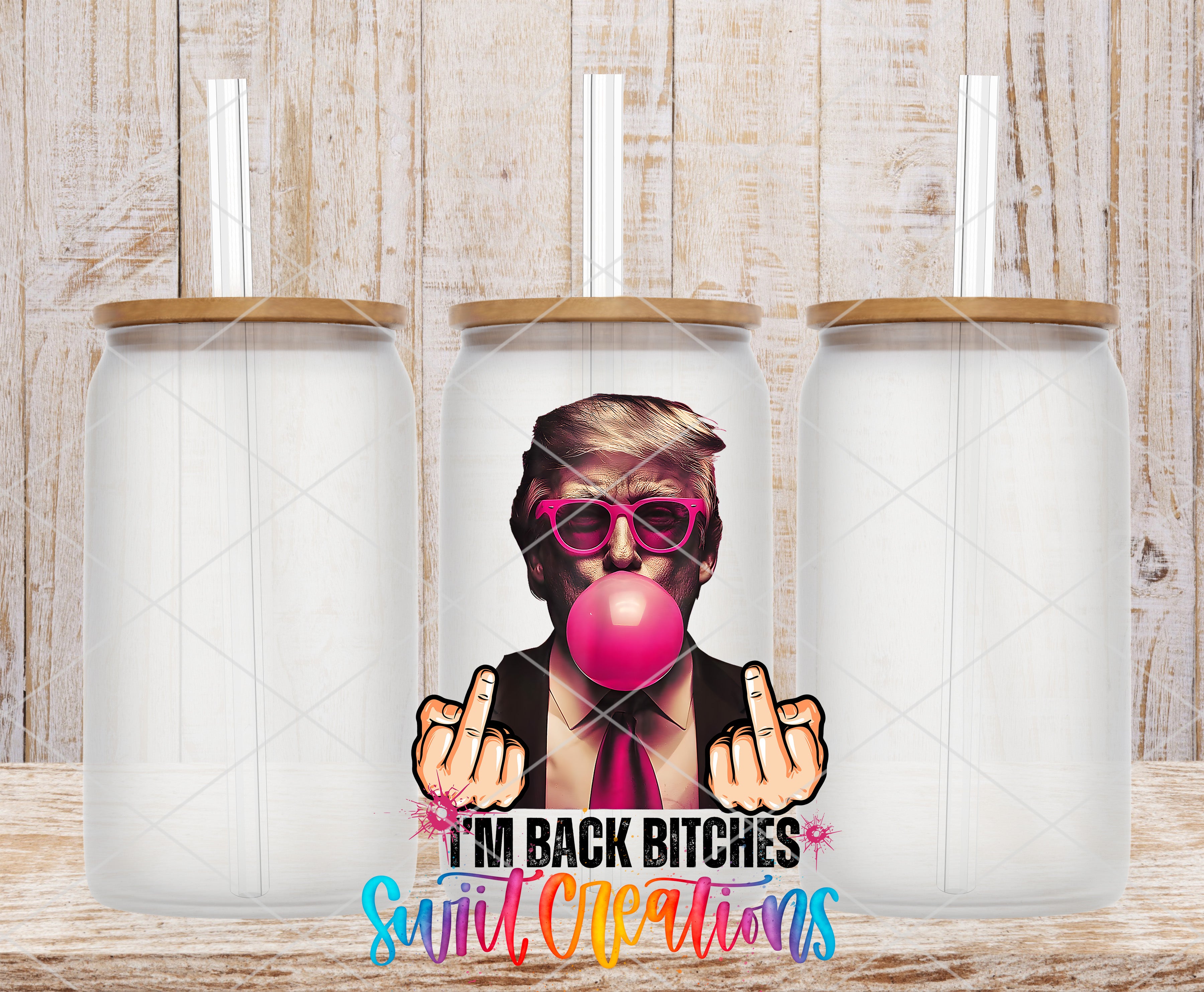 a man blowing a bubble with a pink bubblegum bubble, wearing pink glasses and making a peace sign with his fingers.