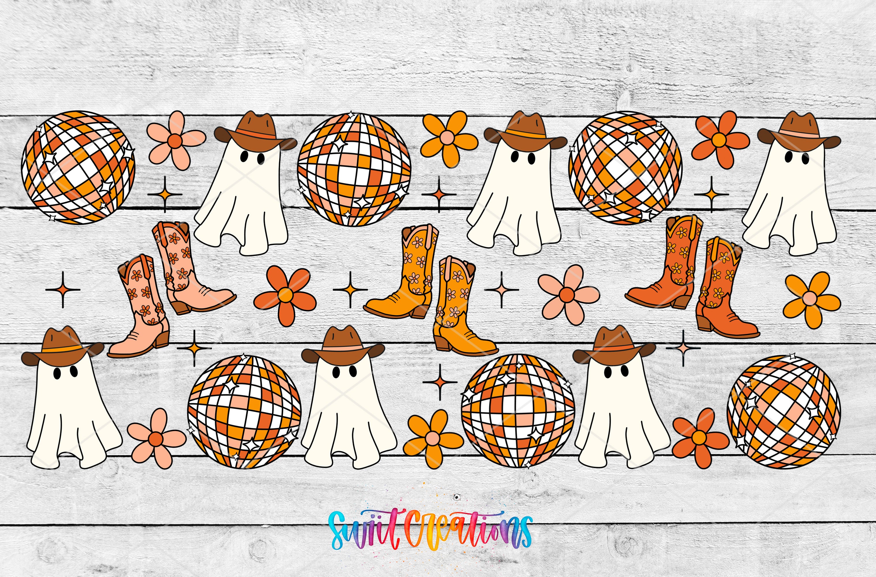 The image is a collage of various Halloween-themed items, including ghostly figures, disco balls, cowboy boots, and flowers, arranged in a repeating pattern.