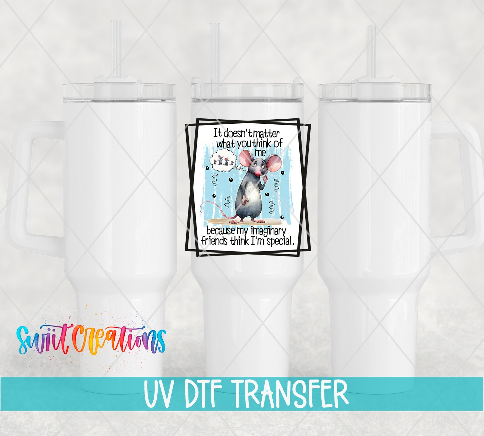 Swiit Creations UV DTF Imaginary Friends Mouse transfer shown on a white tumbler set