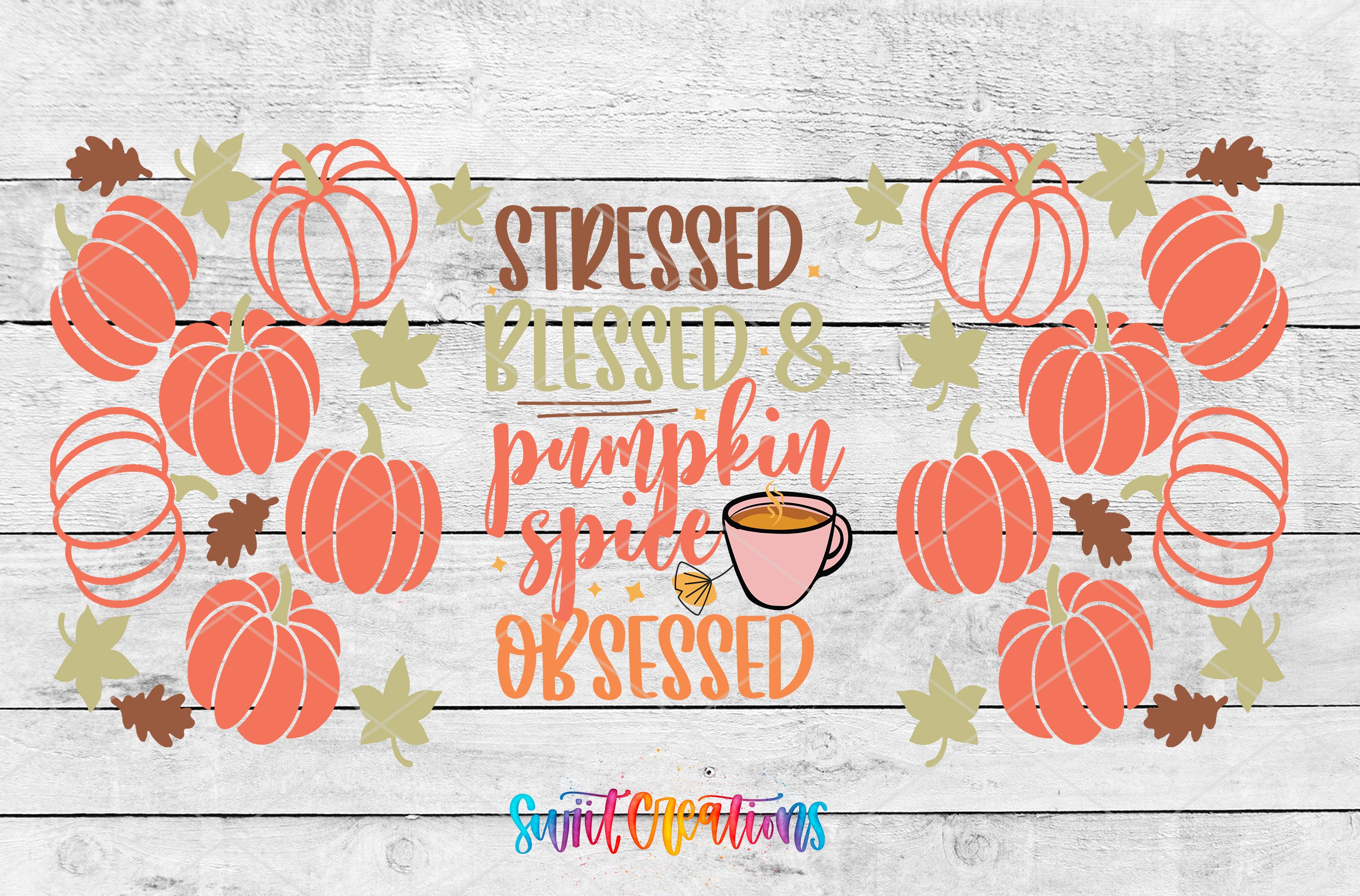 a collage of various autumn-themed elements, including pumpkins, leaves, and a cup of pumpkin spice. The text "Stressed, Blessed & pumpkin spice Obsessed" is displayed in a stylized font, surrounded by the pumpkin and leaf motifs.