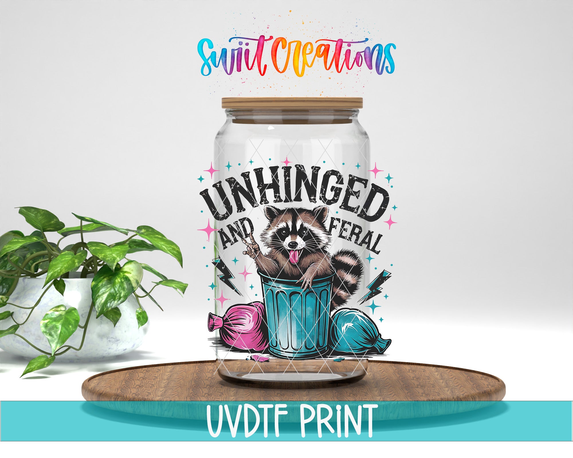 a jar with a raccoon sitting inside, surrounded by various objects such as a plant, a bowl, and a spoon.