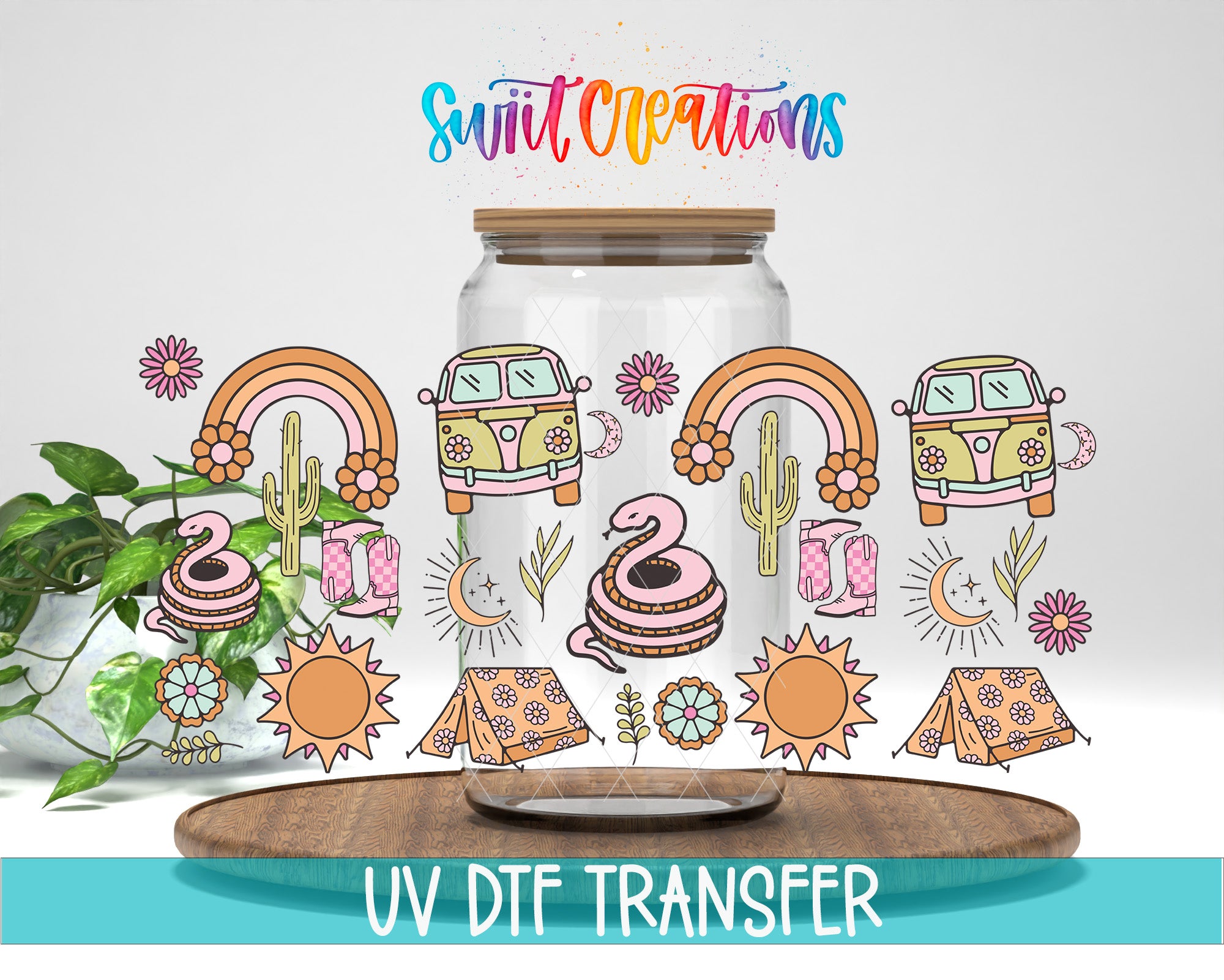 a glass jar with various colorful illustrations and designs, including a van, a rainbow, a snake, a cactus, and other whimsical elements. The jar is placed on a wooden surface, and there is a plant in the background. The image also includes text that reads "Swift Creations UV Dtf Transfer".