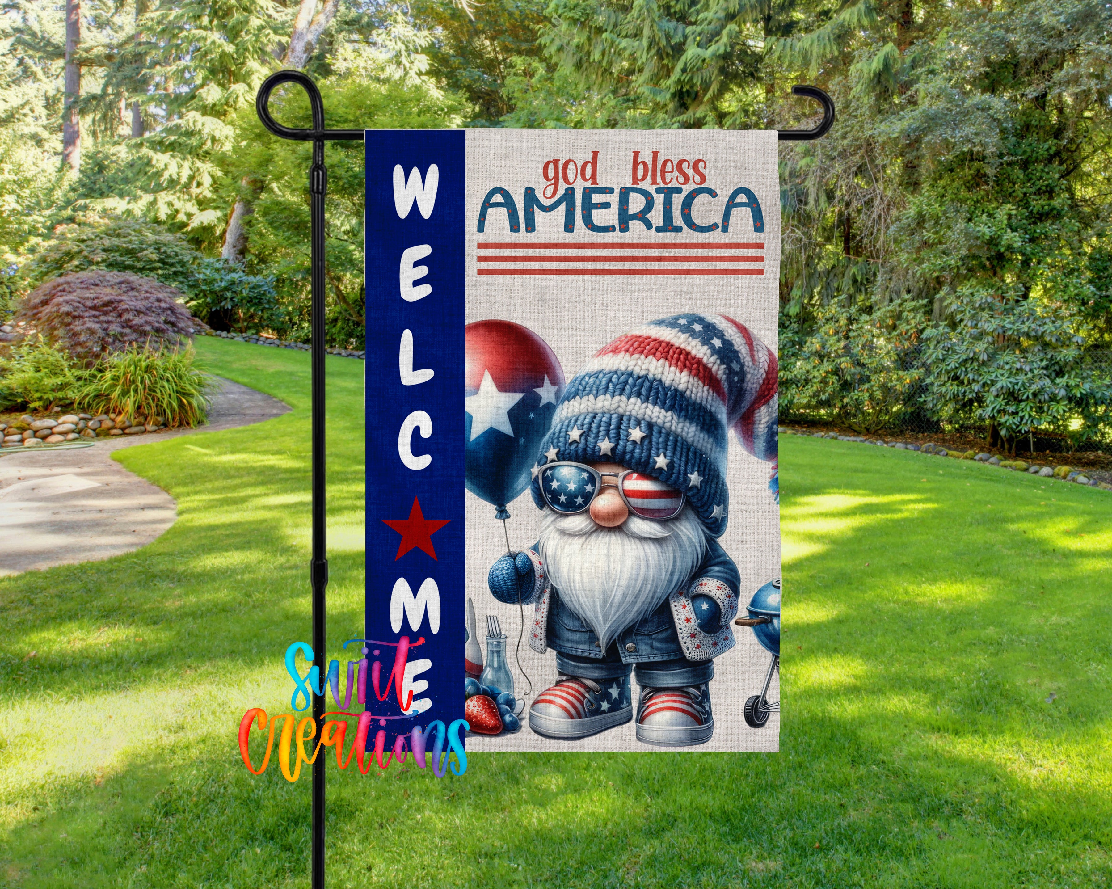 a garden scene with a sign that reads "Welcome America" and includes a gnome wearing sunglasses and holding balloons.