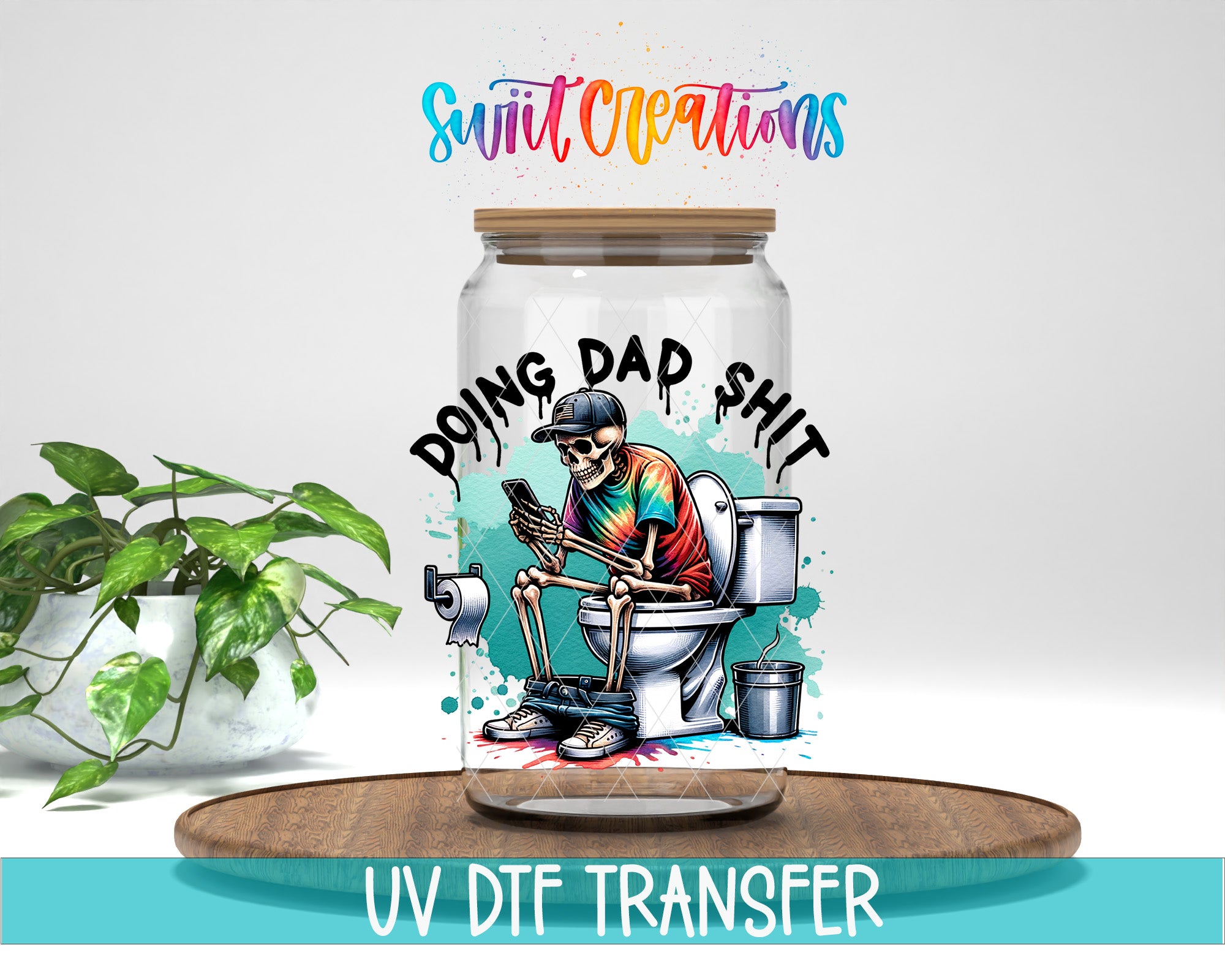 a skeleton sitting on a toilet with a smartphone in its hand, surrounded by a colorful and artistic design.
